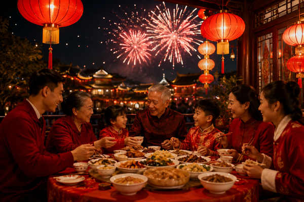 Familia china celebrando el Año Nuevo Lunar con faroles rojos y fuegos artificiales