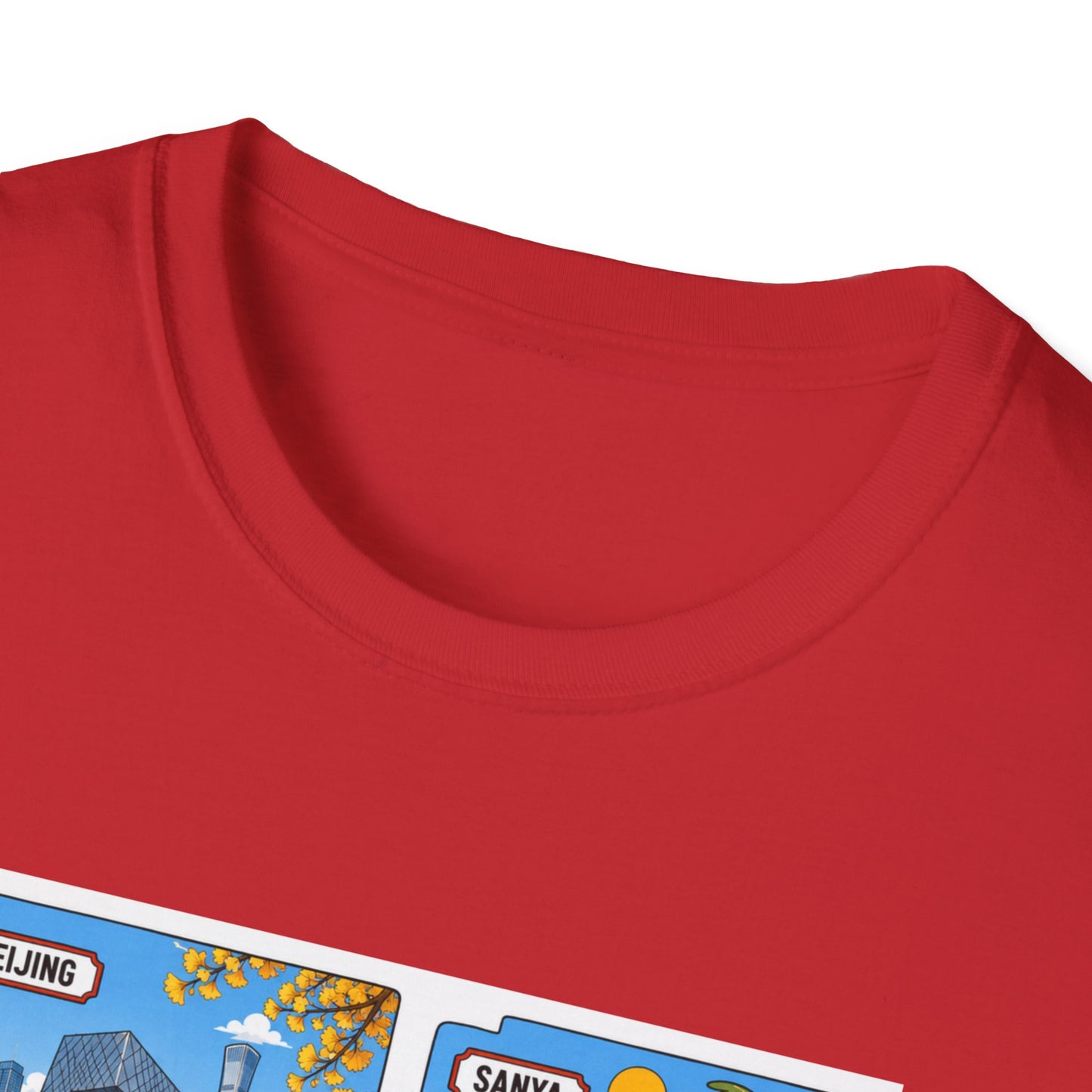 Cityscape Postcard T-Shirt — Retro Travel Collage (Beijing, Santa, Coastal Scenes)