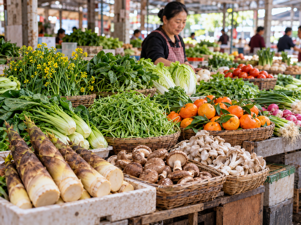 Mercado chino con ingredientes de temporada dispuestos según la época del año