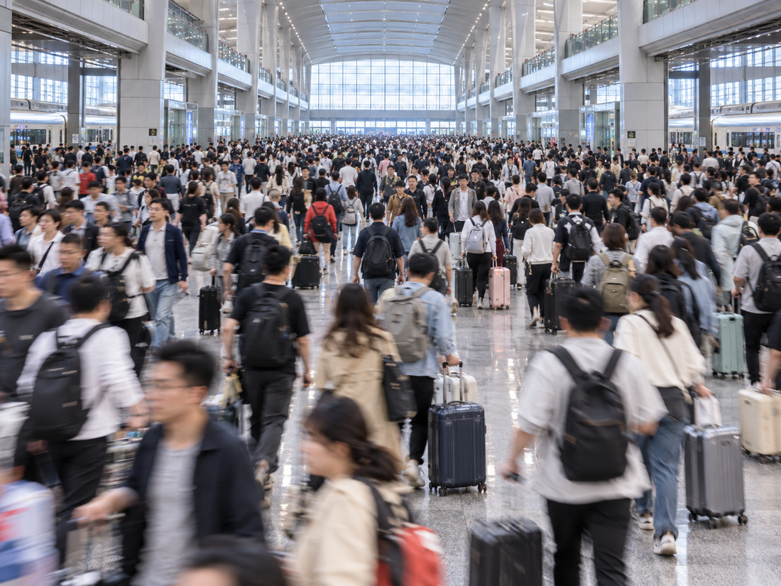 Multitud de viajeros chinos en una estación durante la Golden Week