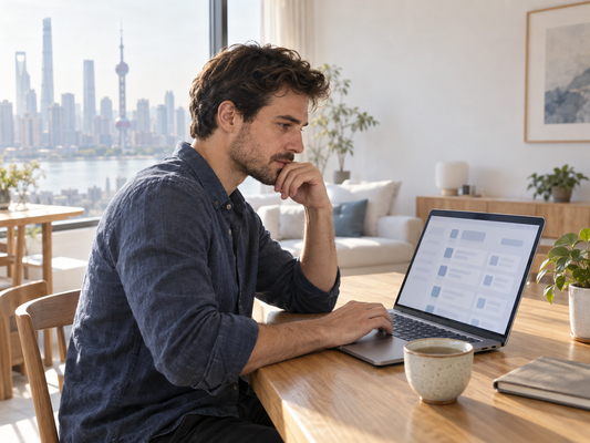 Profesional extranjero revisando ofertas de trabajo en China desde su portátil