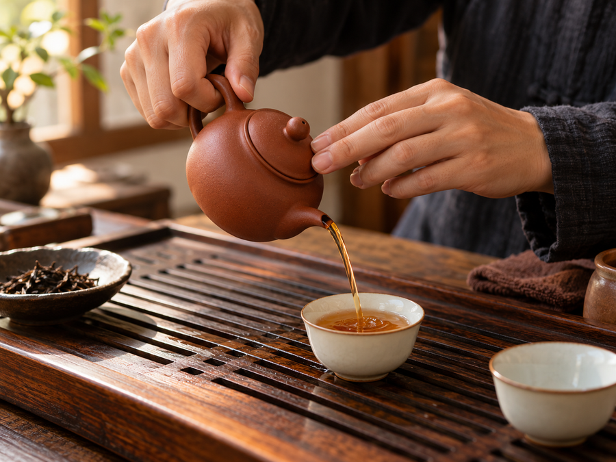 Manos vertiendo té tradicional chino desde una tetera con el gesto ceremonial