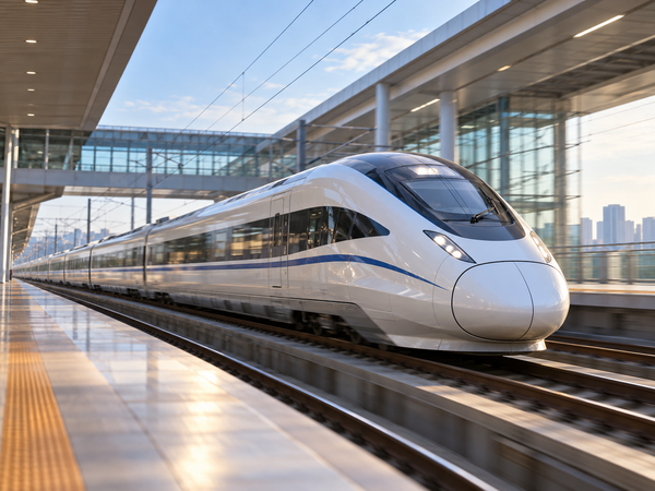 Tren de alta velocidad chino saliendo de una estación moderna