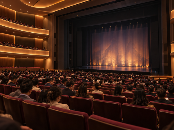 Interior de un teatro moderno chino con público esperando el inicio de un espectáculo