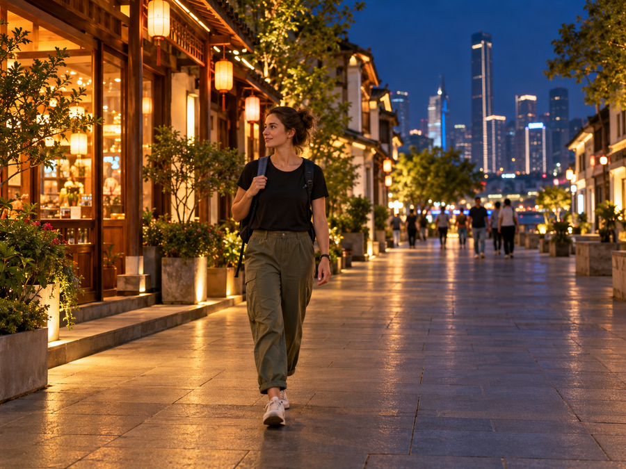 Viajero caminando tranquilo por una calle iluminada de una ciudad china de noche