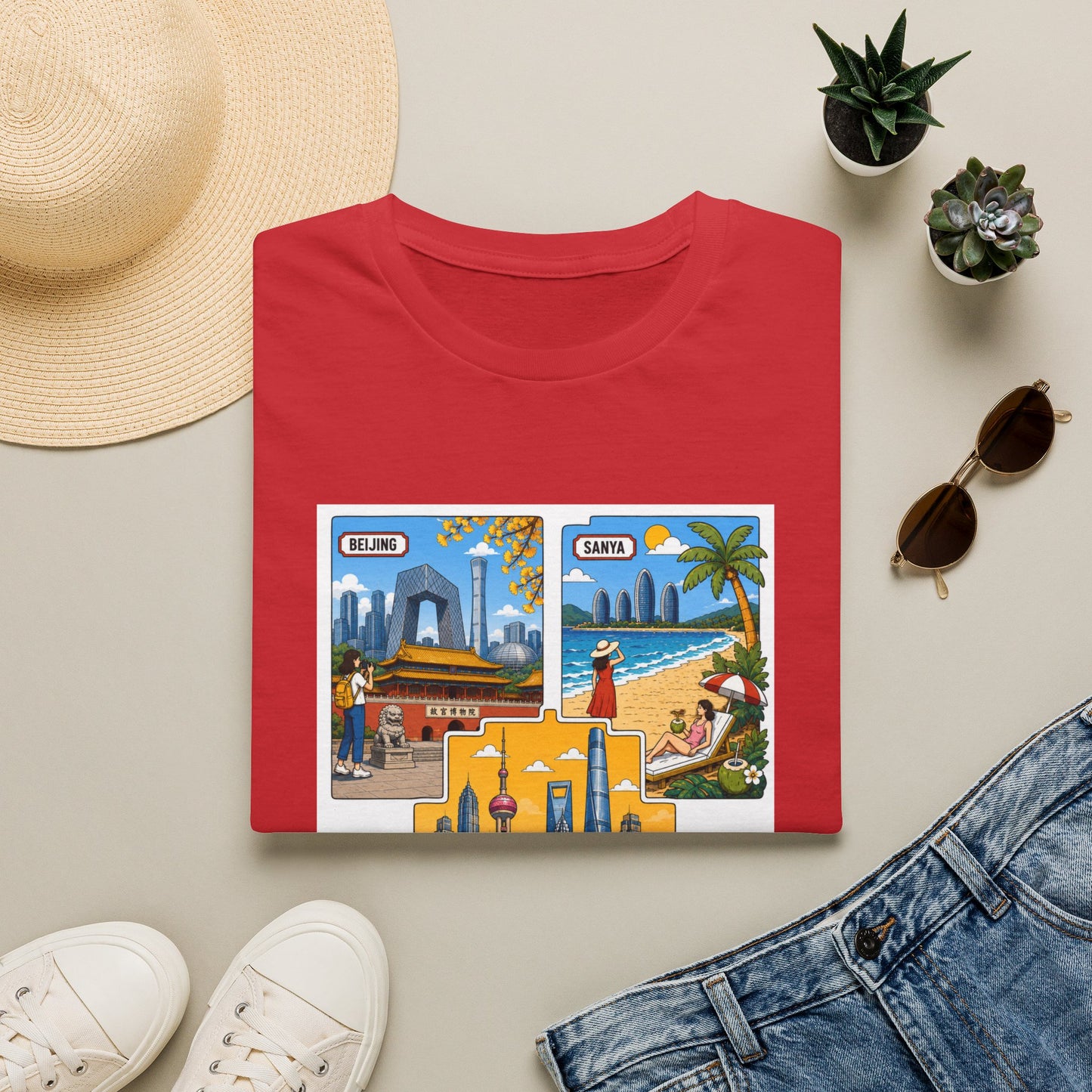 Cityscape Postcard T-Shirt — Retro Travel Collage (Beijing, Santa, Coastal Scenes)
