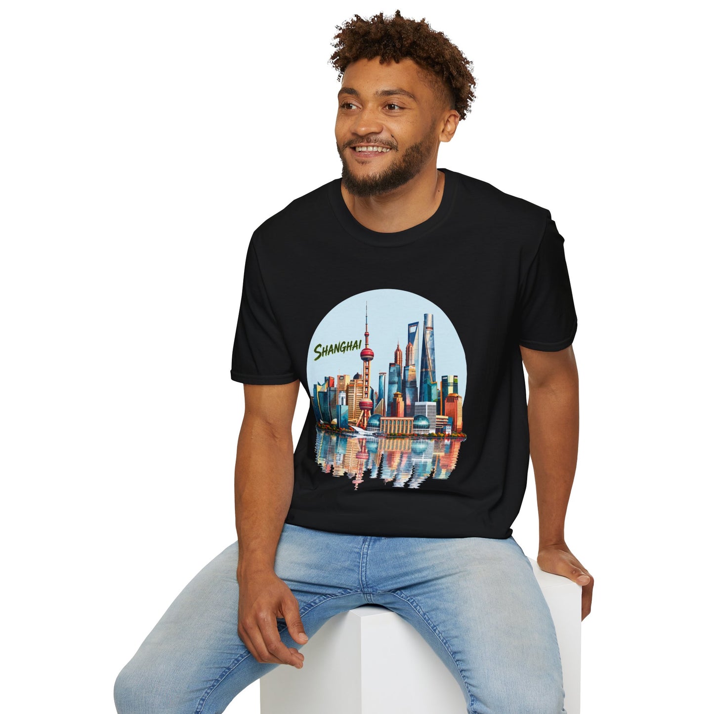 Shanghai Skyline T-Shirt — Retro Cityscape Tee with Reflection