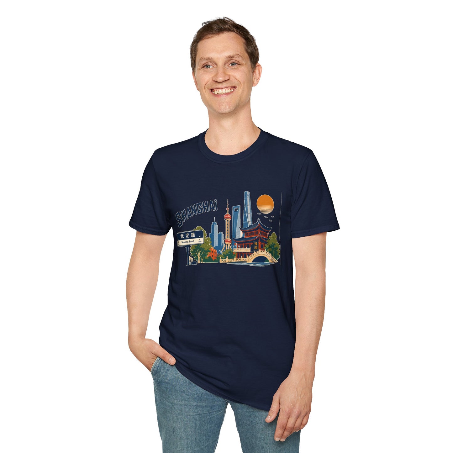 Shanghai Skyline T-Shirt — Vintage Cityscape Tee with Oriental Temple & Pudong Landmarks