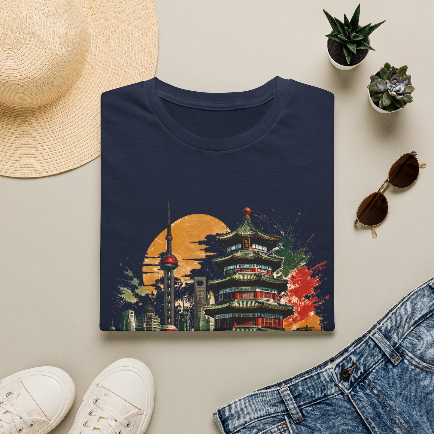 Shanghai Skyline T-Shirt — Watercolor Pagoda & Oriental Sunset Graphic