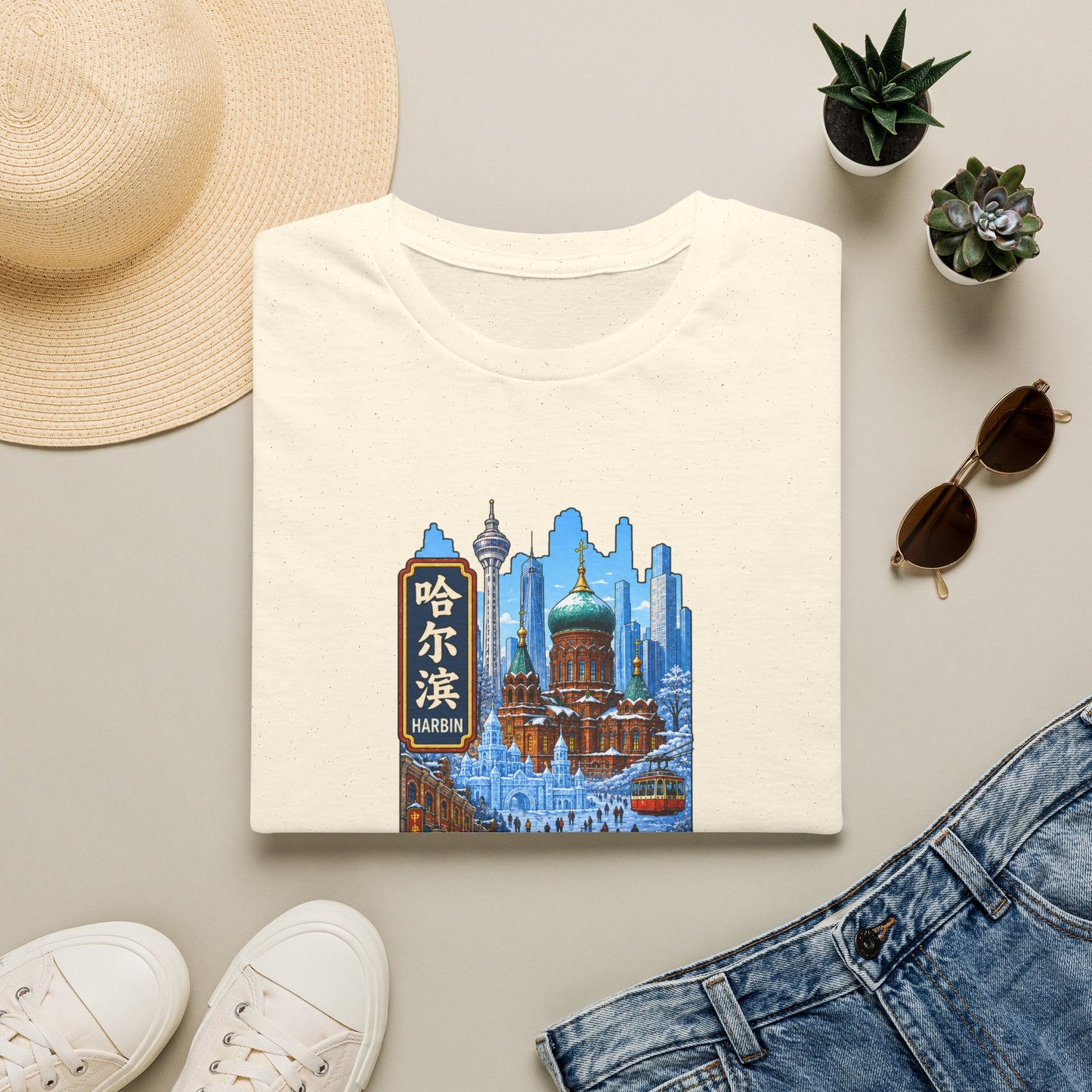 Harbin Cityscape T-Shirt — Snowy Cathedral & Skyline Travel Tee