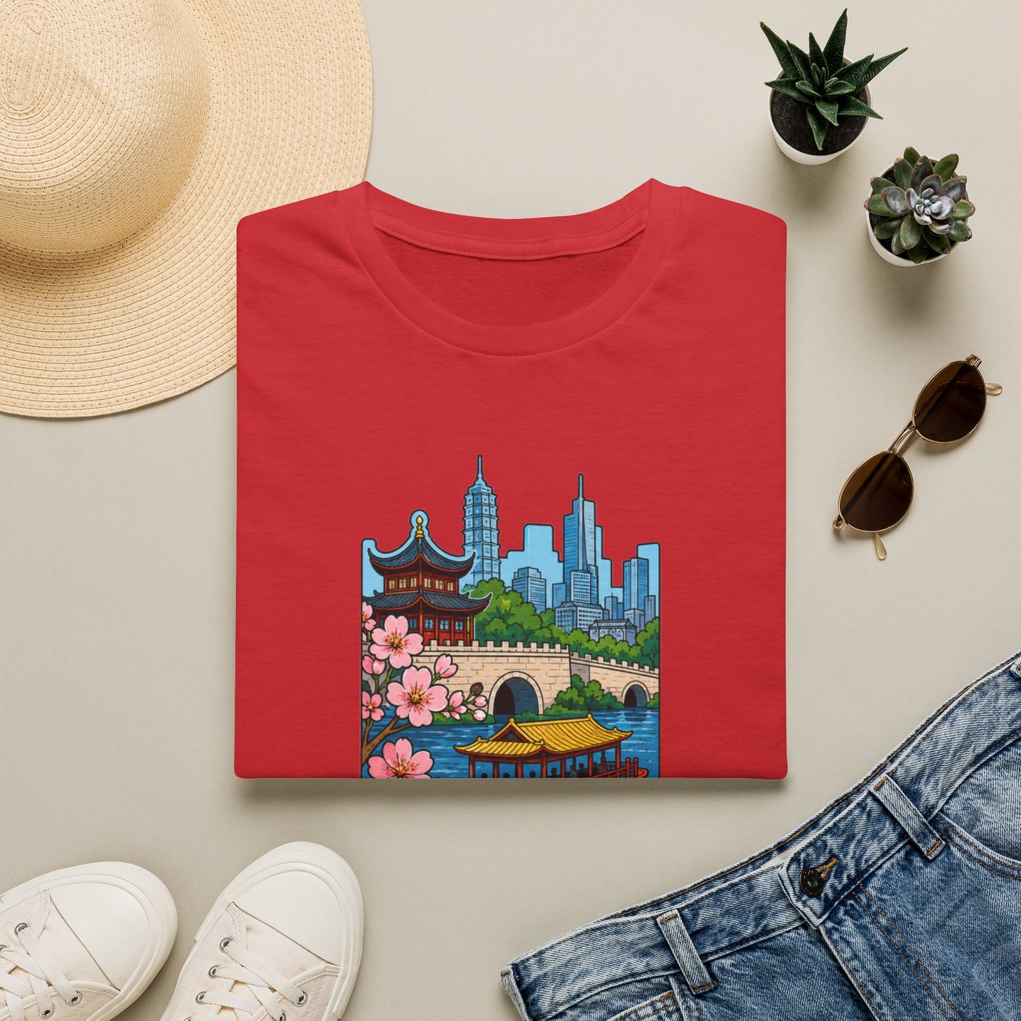 Nanjing Cityscape T-Shirt — Cherry Blossoms, Pagoda & Skyline Travel Shirt
