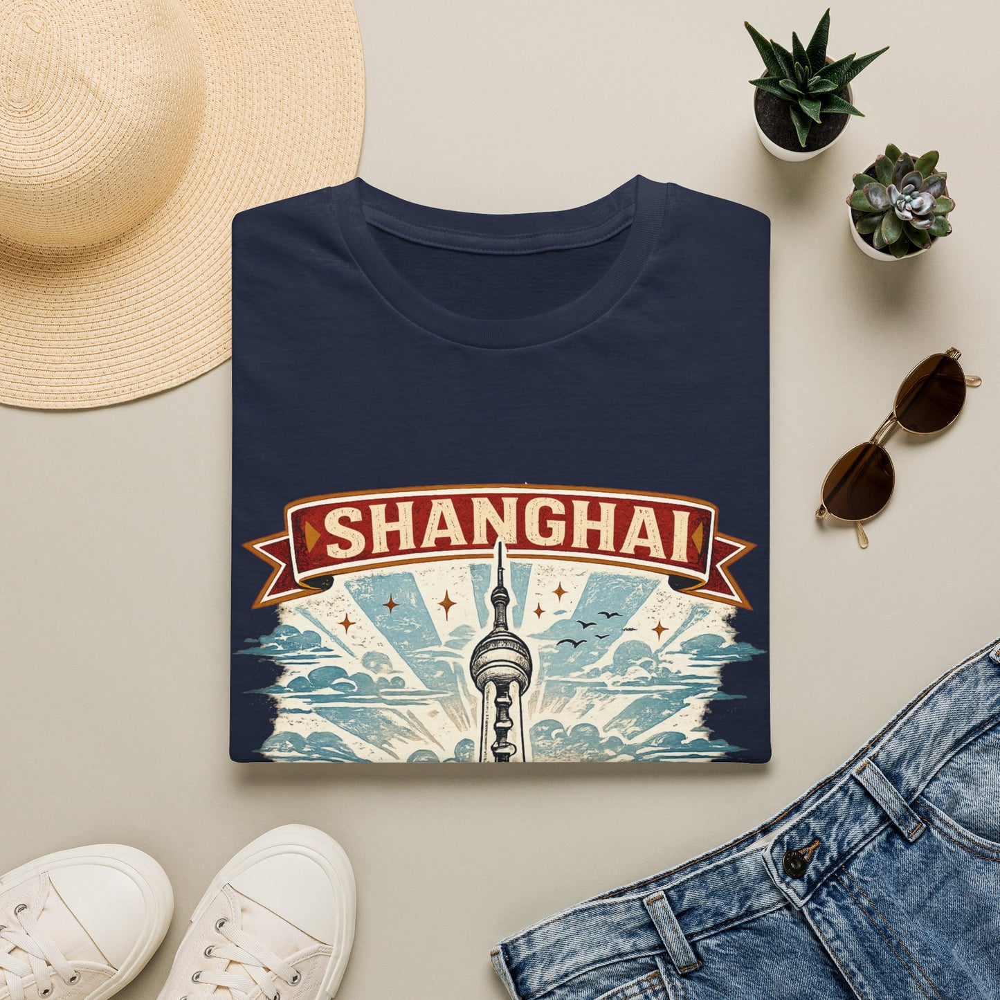 Shanghai Skyline T-Shirt — Retro Oriental Pearl Tower Travel Tee