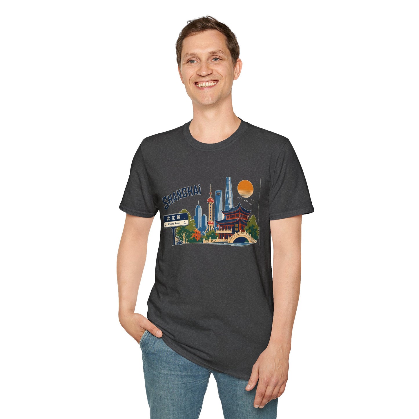 Shanghai Skyline T-Shirt — Vintage Cityscape Tee with Oriental Temple & Pudong Landmarks