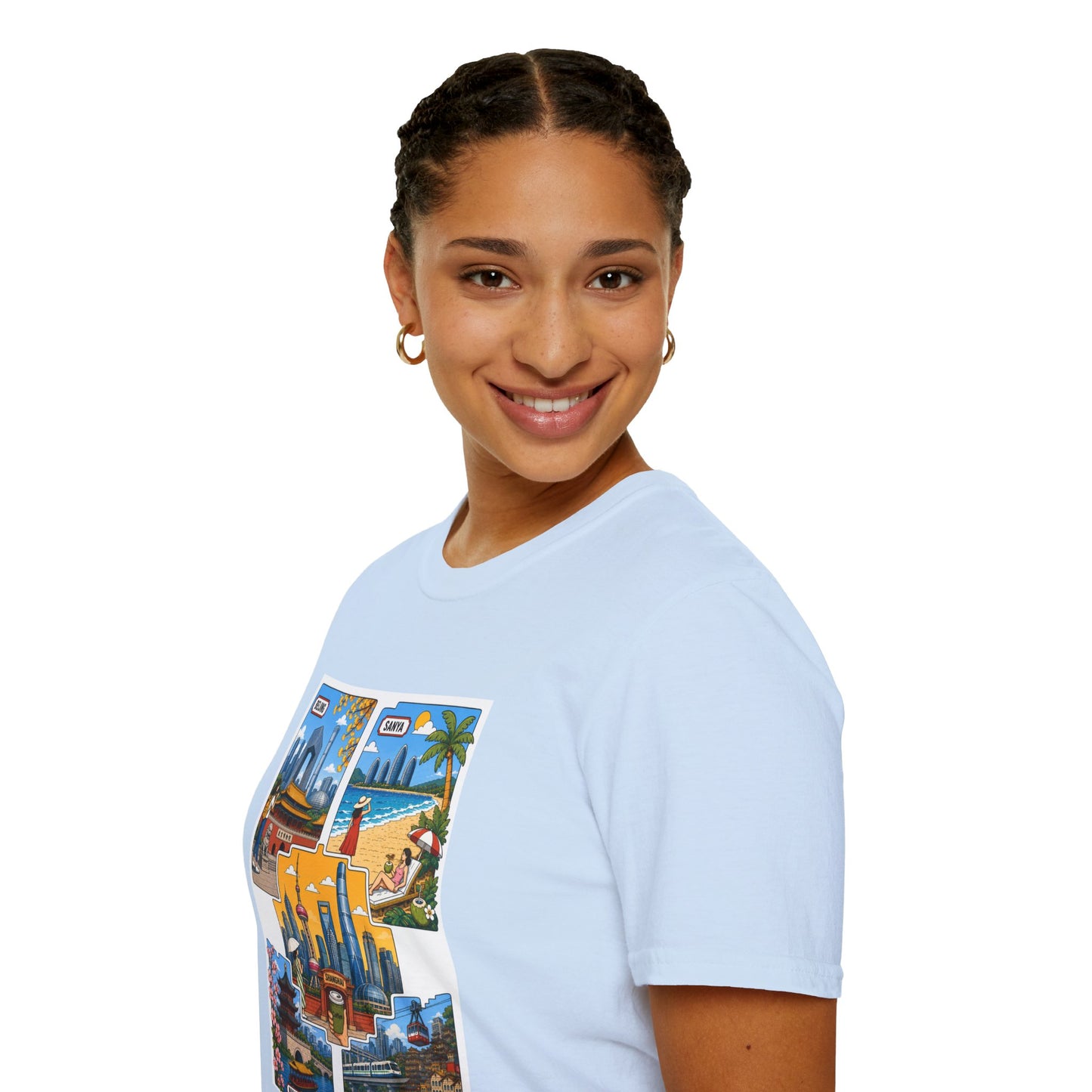 Cityscape Postcard T-Shirt — Retro Travel Collage (Beijing, Santa, Coastal Scenes)