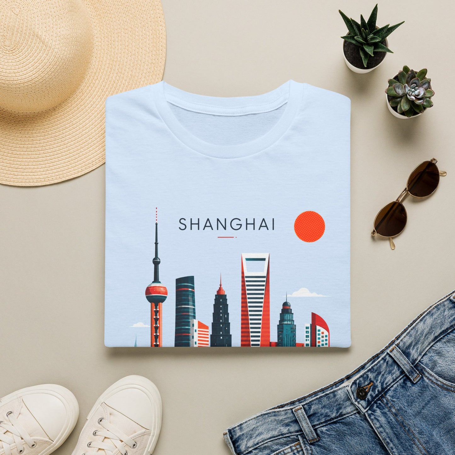 Shanghai Skyline T‑Shirt — Retro Red Sun Cityscape Tee