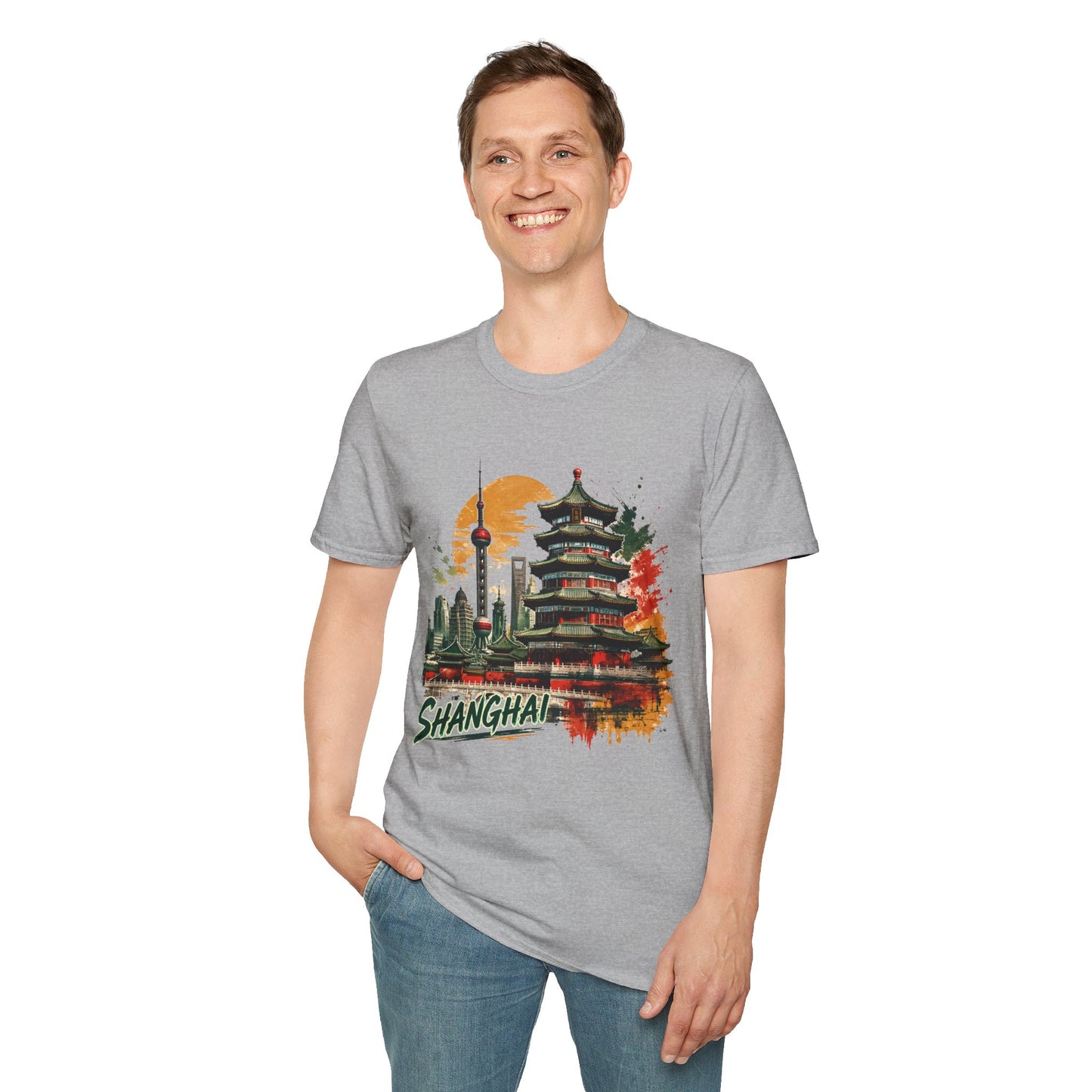 Shanghai Skyline T-Shirt — Watercolor Pagoda & Oriental Sunset Graphic