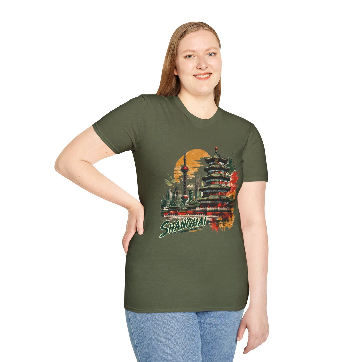Shanghai Skyline T-Shirt — Watercolor Pagoda & Oriental Sunset Graphic