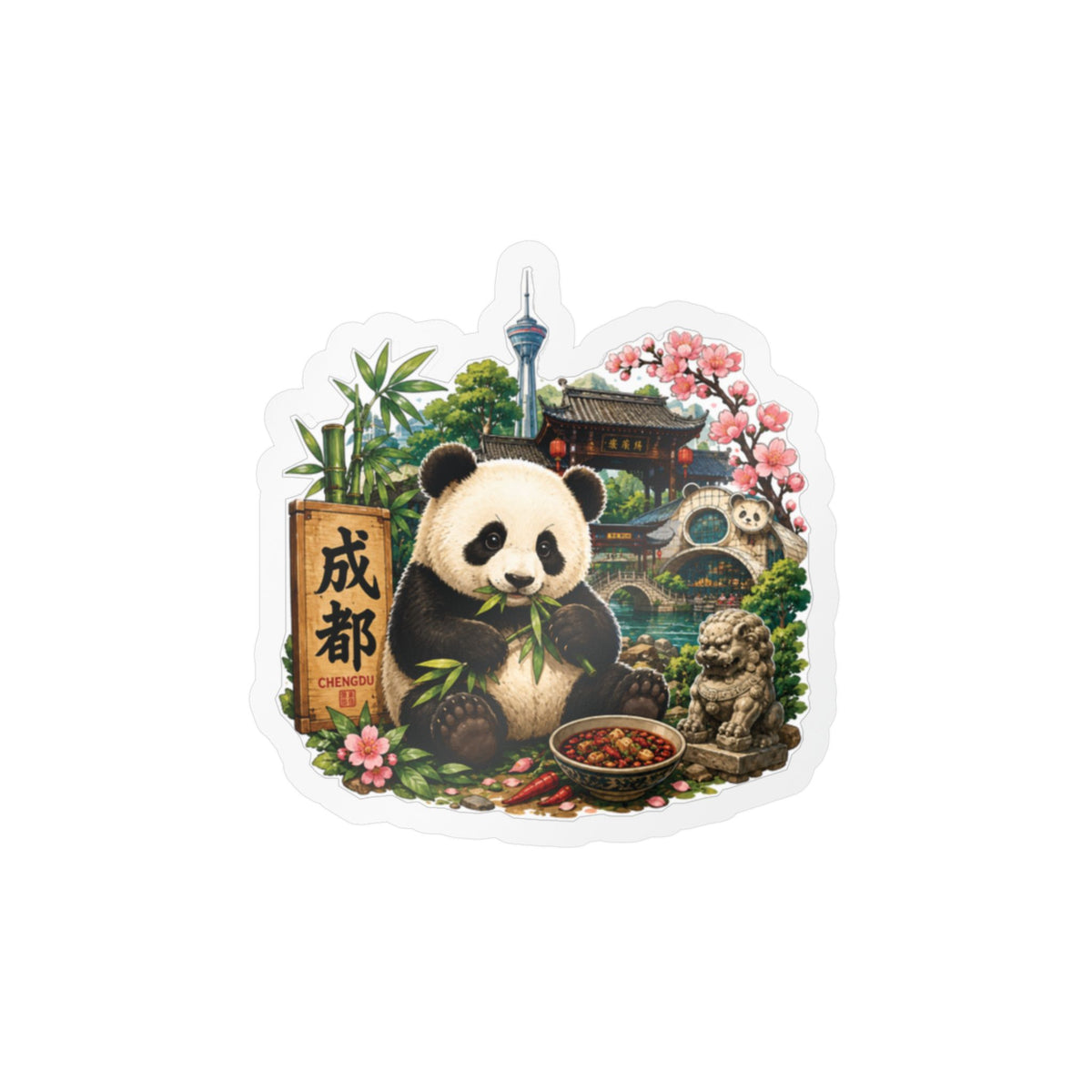Panda Chengdu Kiss-Cut Vinyl Sticker — Cute Bamboo Scene Decal