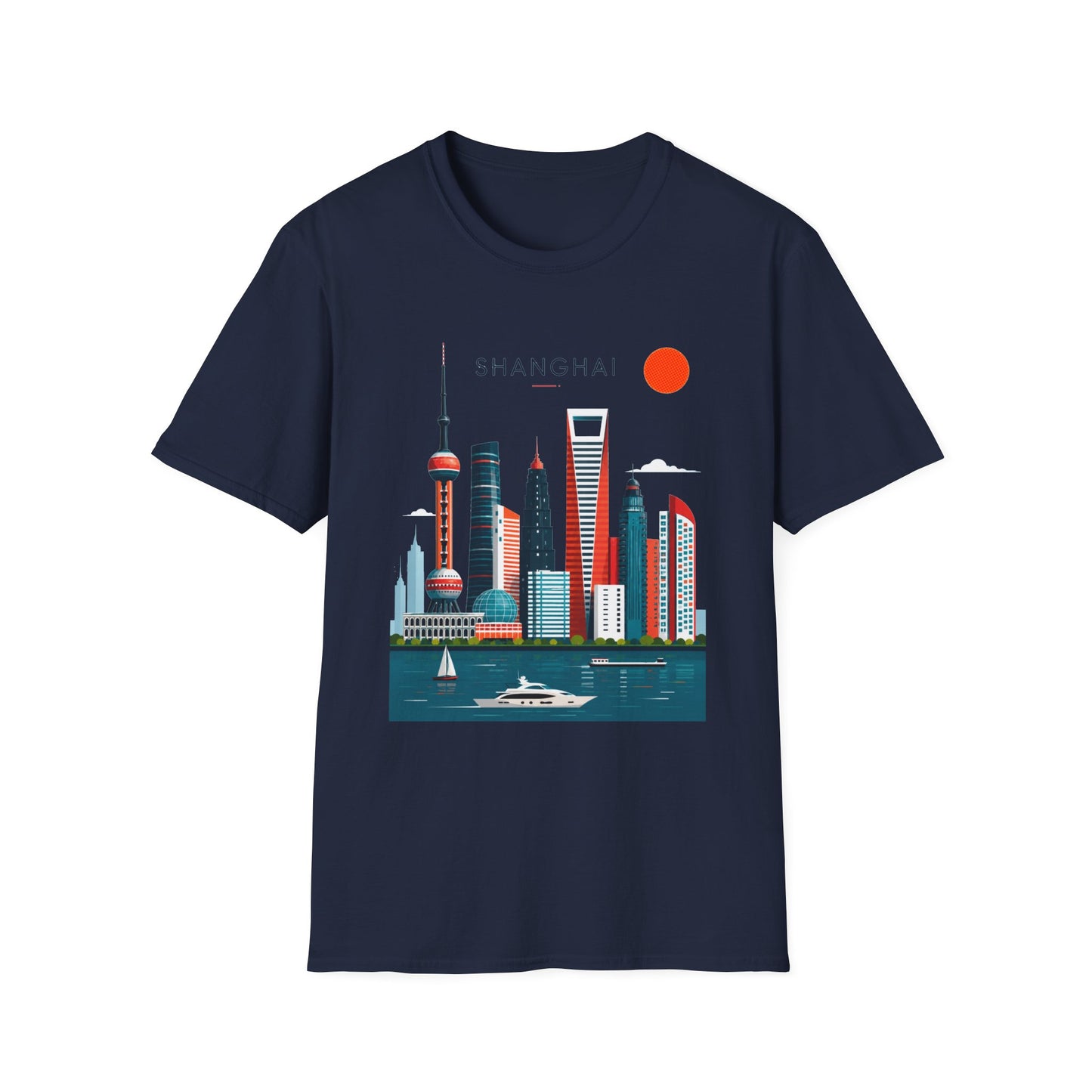 Shanghai Skyline T‑Shirt — Retro Red Sun Cityscape Tee