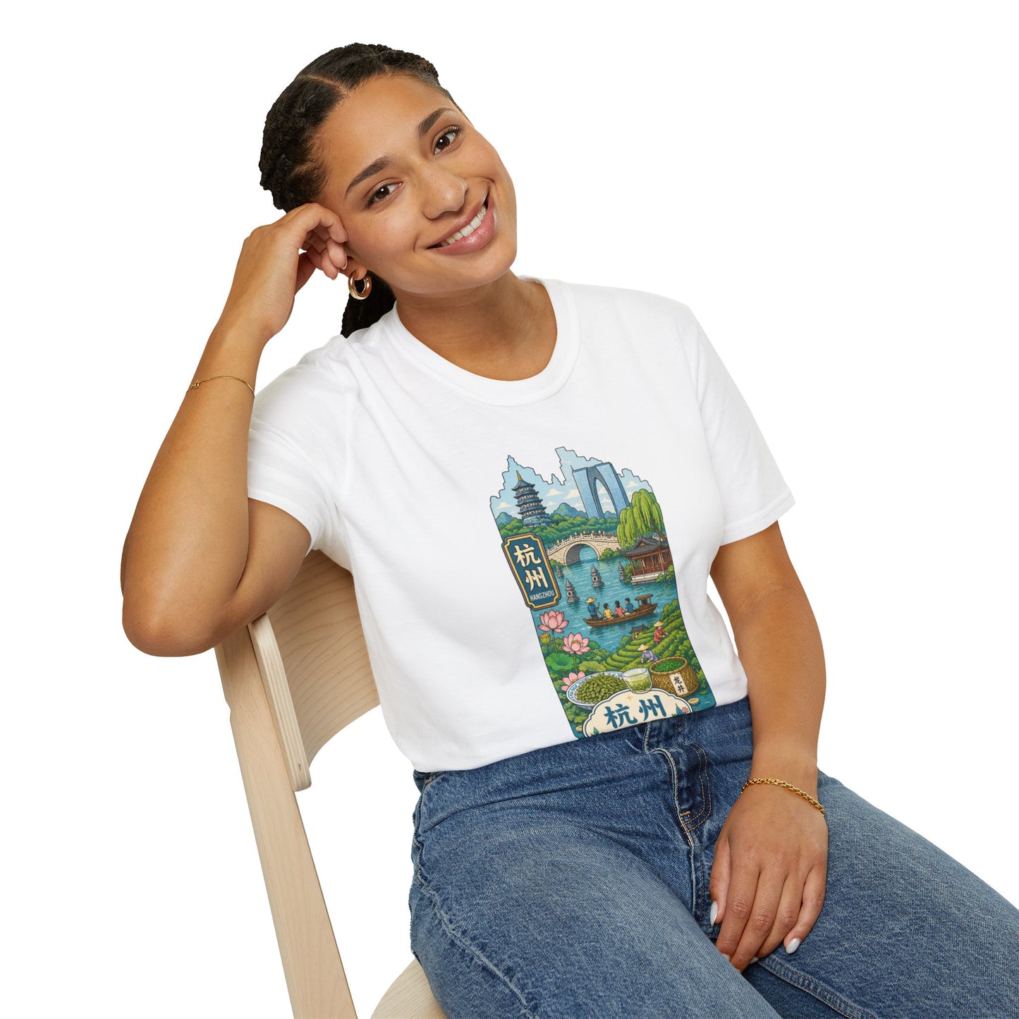 Hangzhou Scenic T-Shirt — West Lake Pagoda & Bridge Illustration