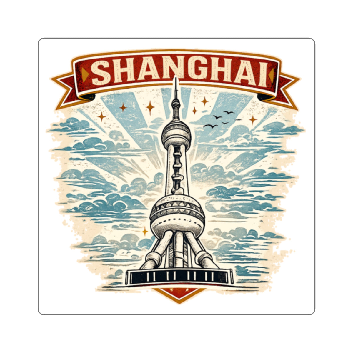 Shanghai Retro Landmark Square Sticker — Oriental Pearl Tower Travel Decal