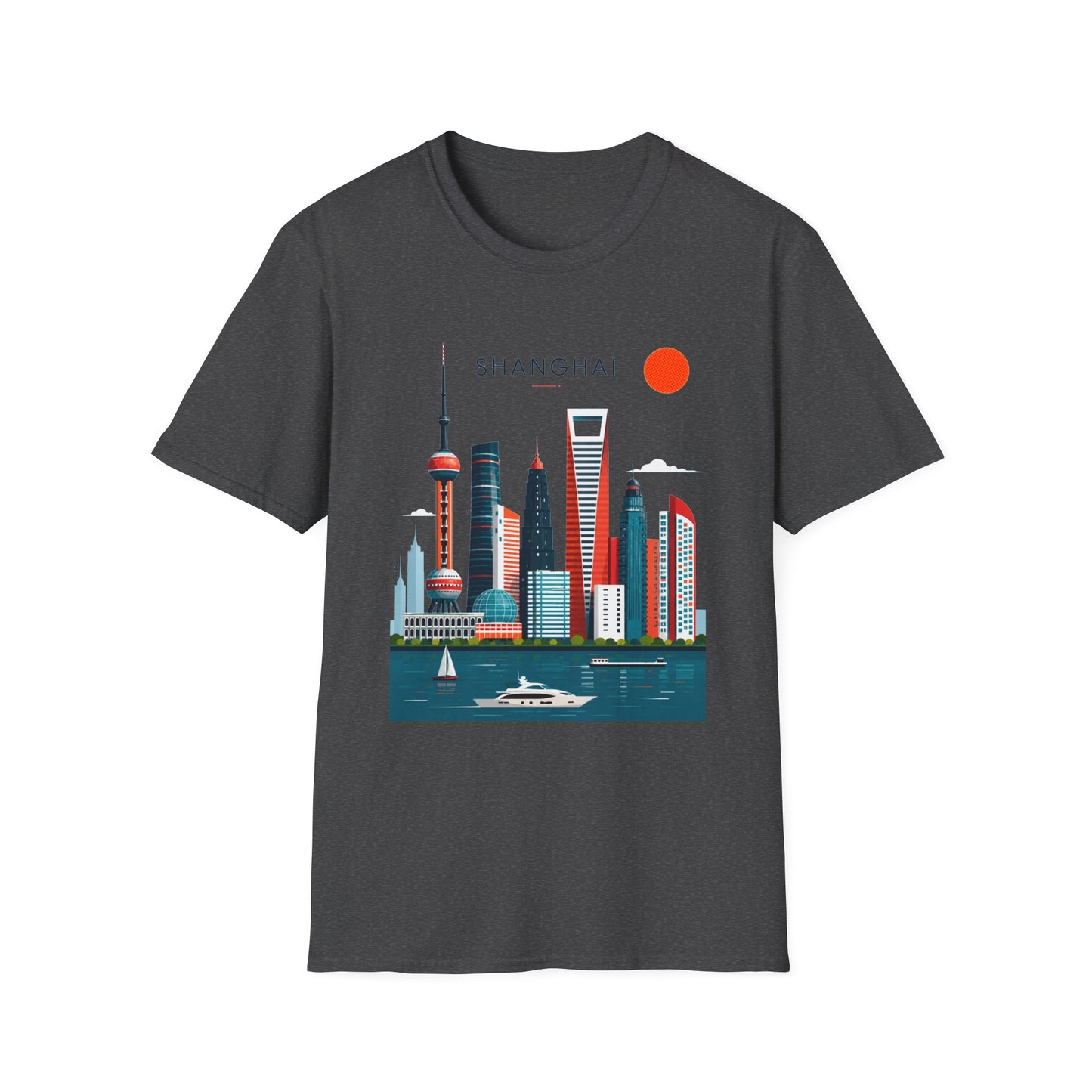 Shanghai Skyline T‑Shirt — Retro Red Sun Cityscape Tee