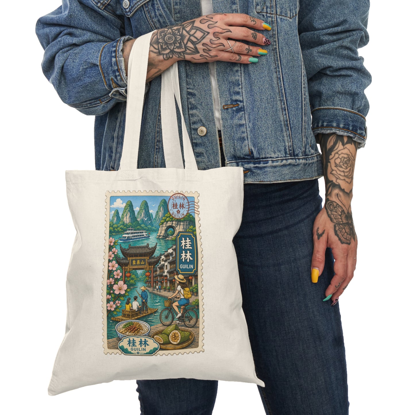 Guilin Travel Stamp Tote Bag — Scenic Chinese Landscape Canvas Tote