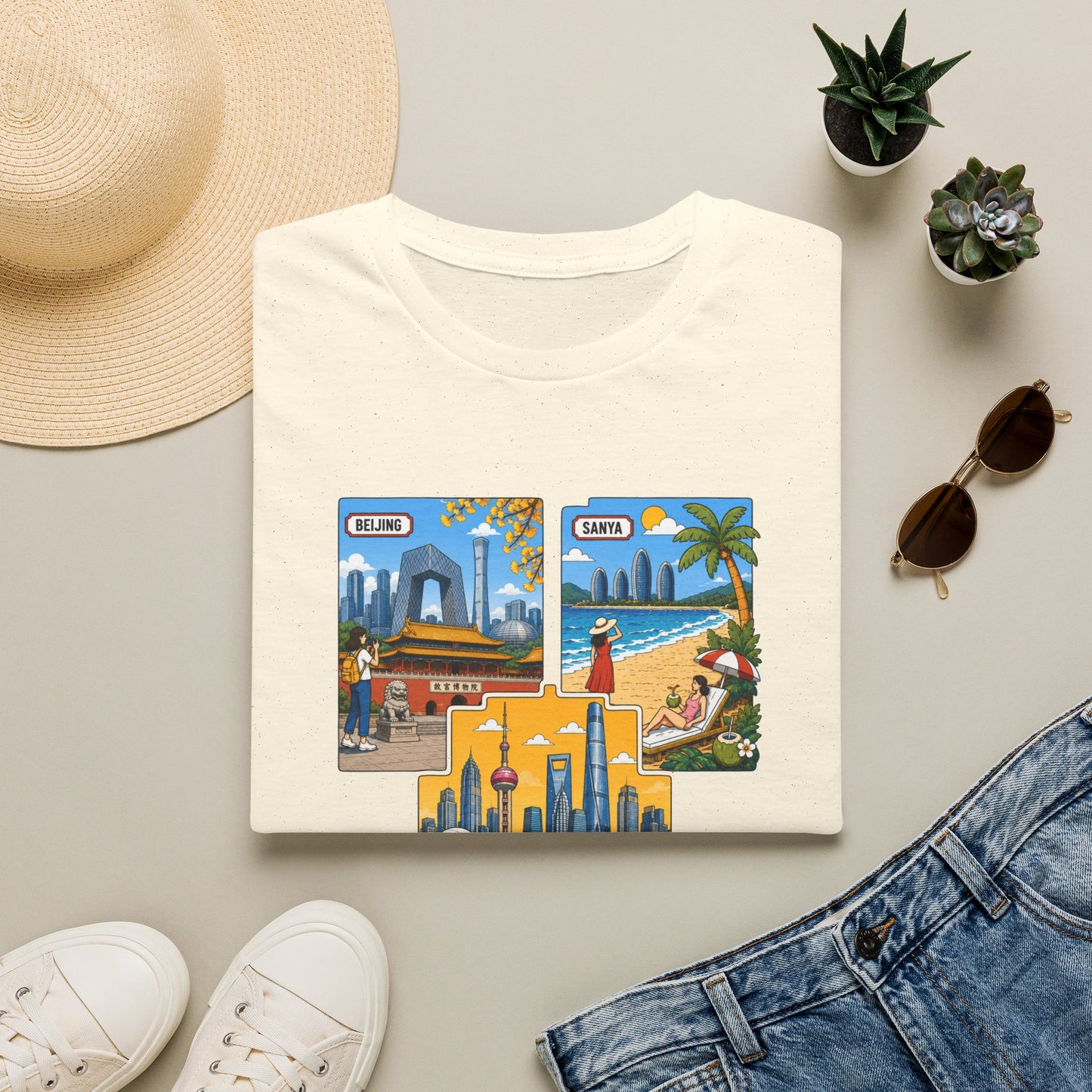 Cityscape Postcard T-Shirt — Miami & Dubai Travel Vintage Graphic Tee