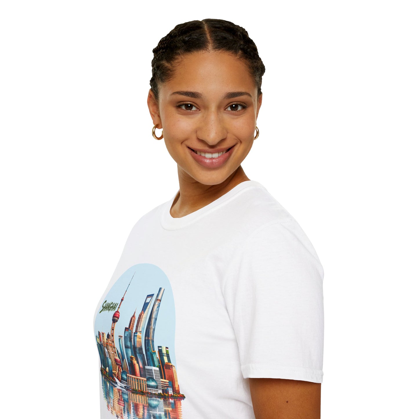 Shanghai Skyline T-Shirt — Retro Cityscape Tee with Reflection