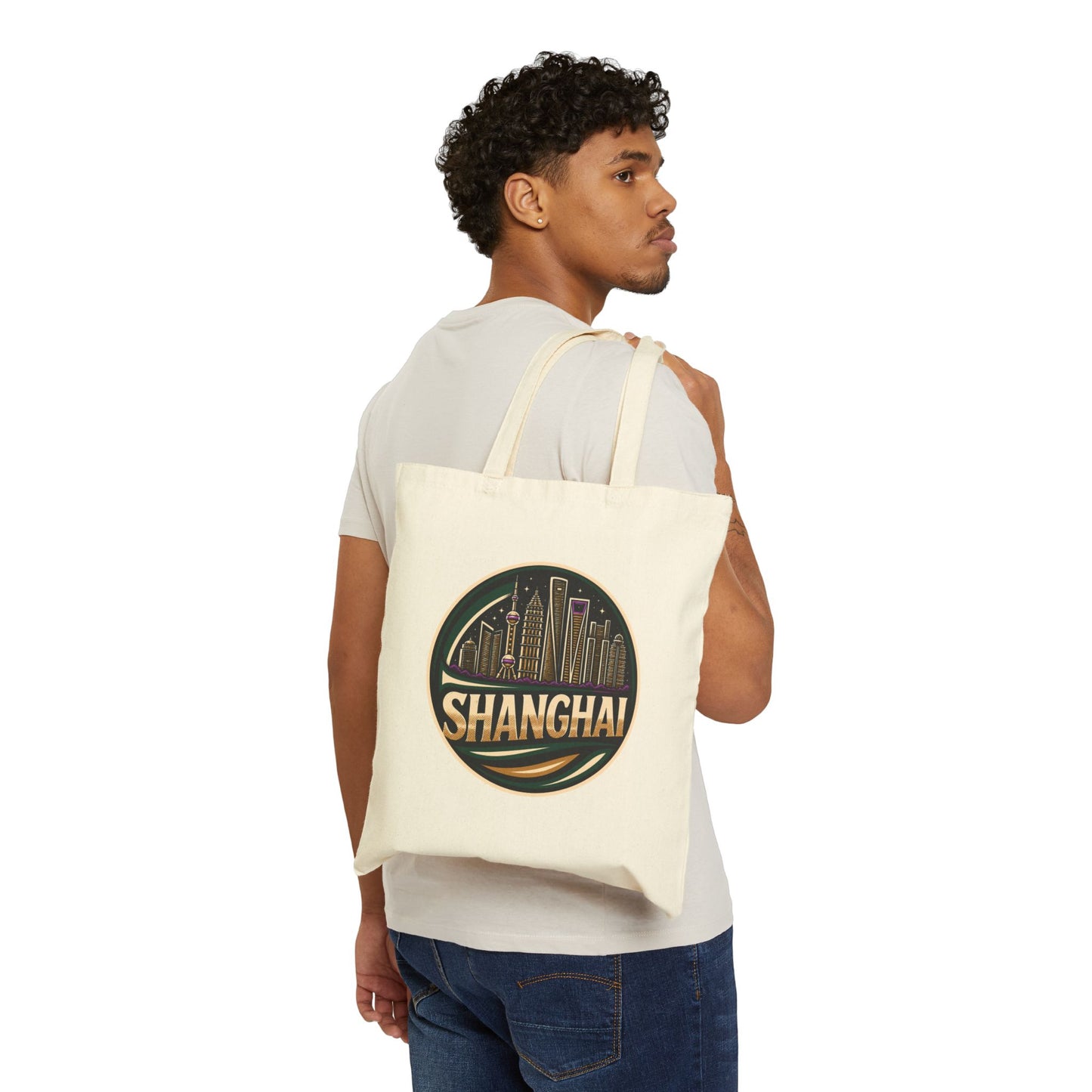 Shanghai Skyline Tote Bag – Retro Cityscape Cotton Canvas Shopper
