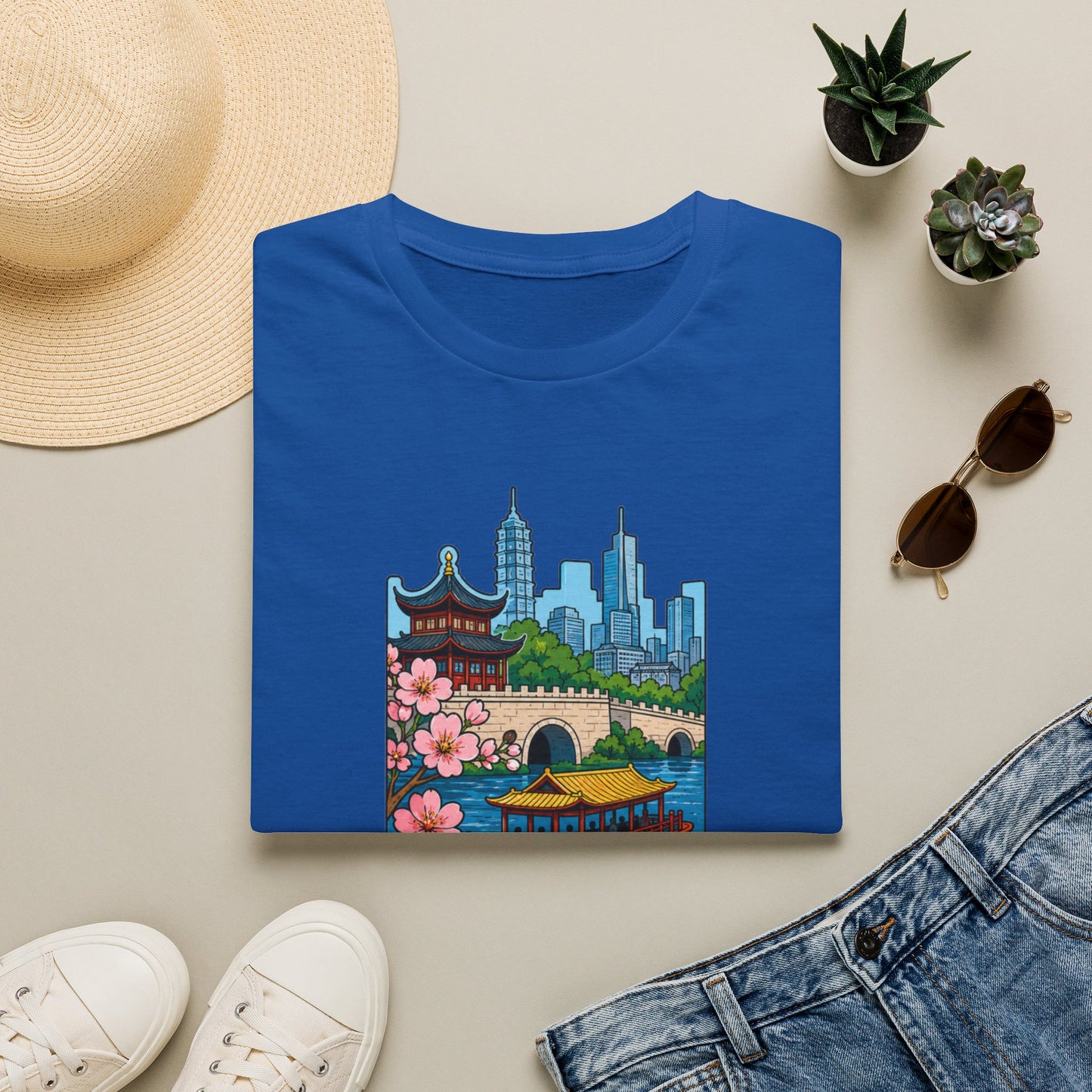 Nanjing Cityscape T-Shirt — Cherry Blossoms, Pagoda & Skyline Travel Shirt