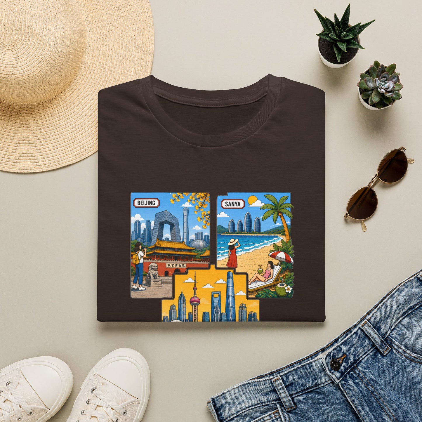 Cityscape Postcard T-Shirt — Miami & Dubai Travel Vintage Graphic Tee
