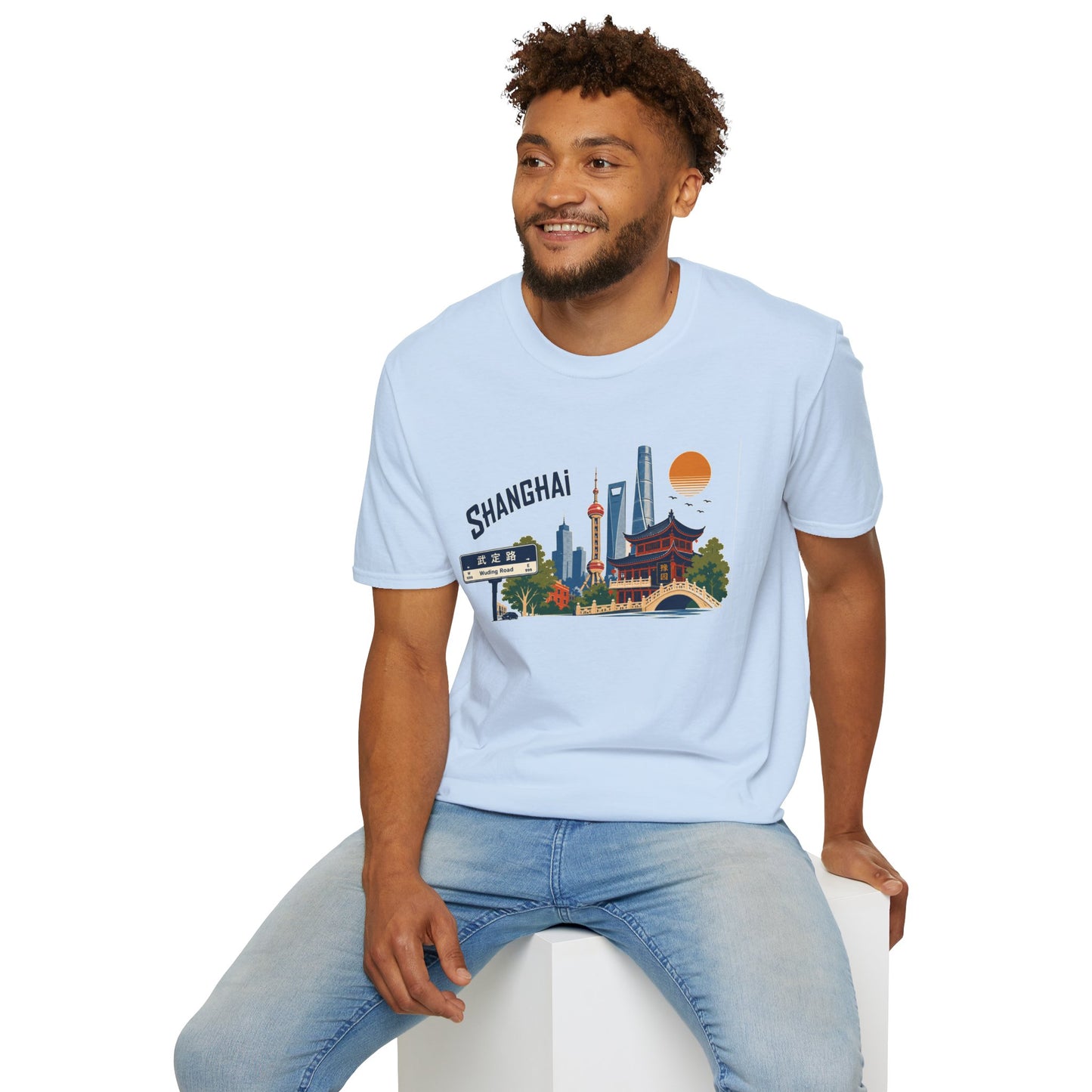 Shanghai Skyline T-Shirt — Vintage Cityscape Tee with Oriental Temple & Pudong Landmarks