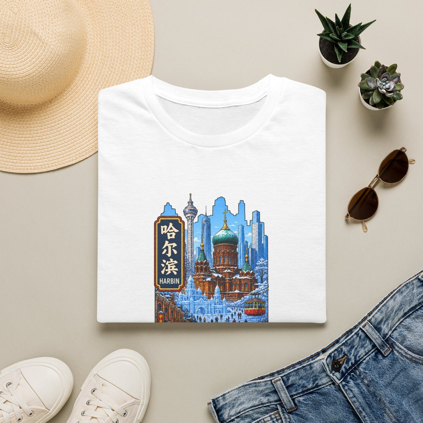 Harbin Cityscape T-Shirt — Snowy Cathedral & Skyline Travel Tee