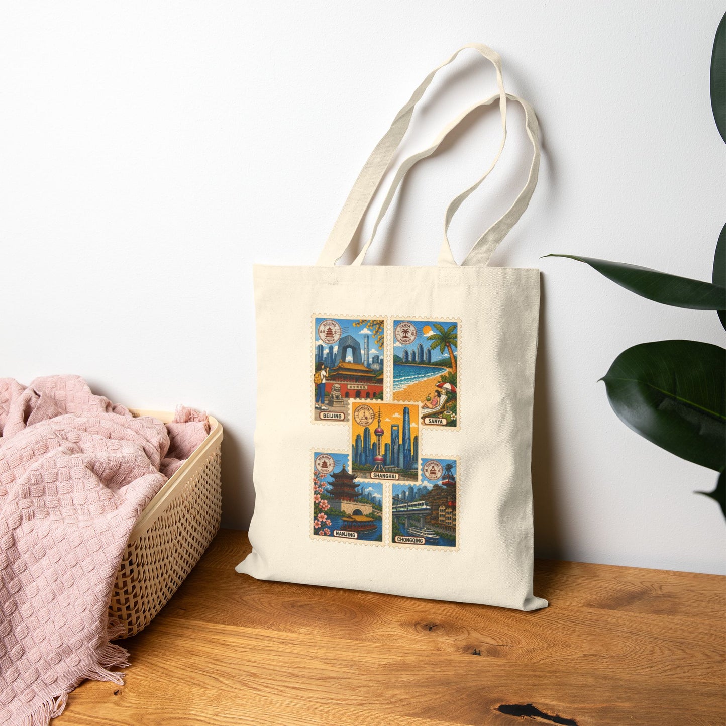 Cityscape Vintage Postcard Canvas Tote — Retro Travel Beach & Skyline Design