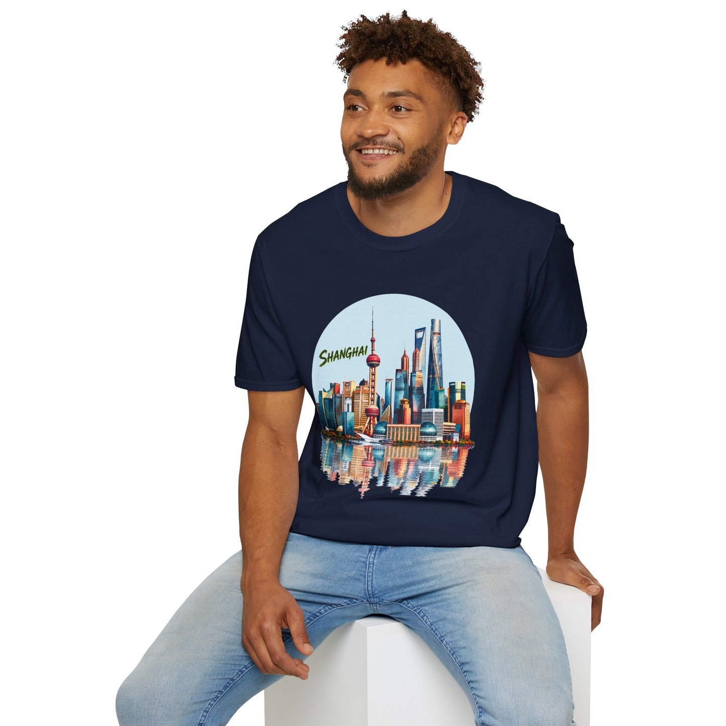 Shanghai Skyline T-Shirt — Retro Cityscape Tee with Reflection