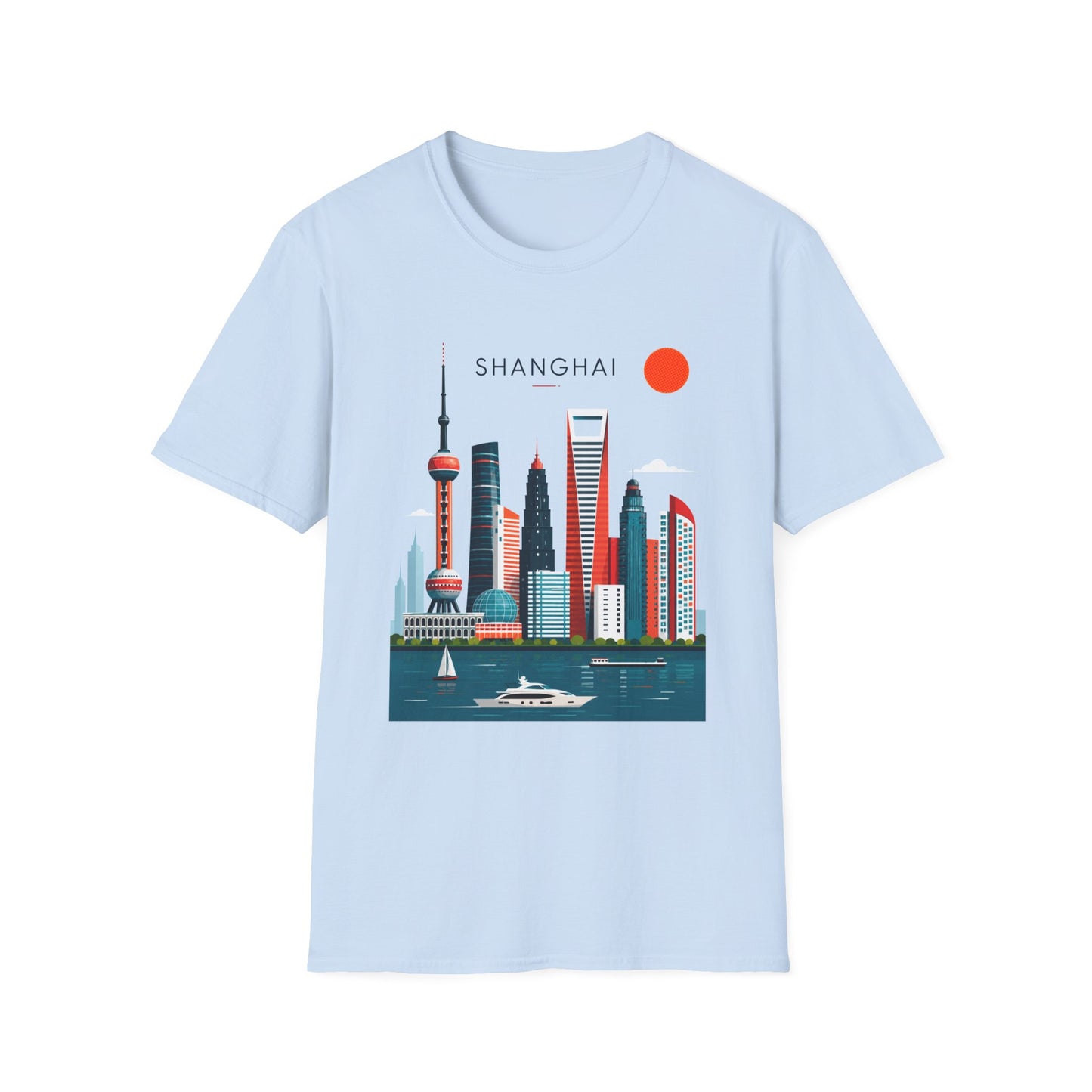Shanghai Skyline T‑Shirt — Retro Red Sun Cityscape Tee