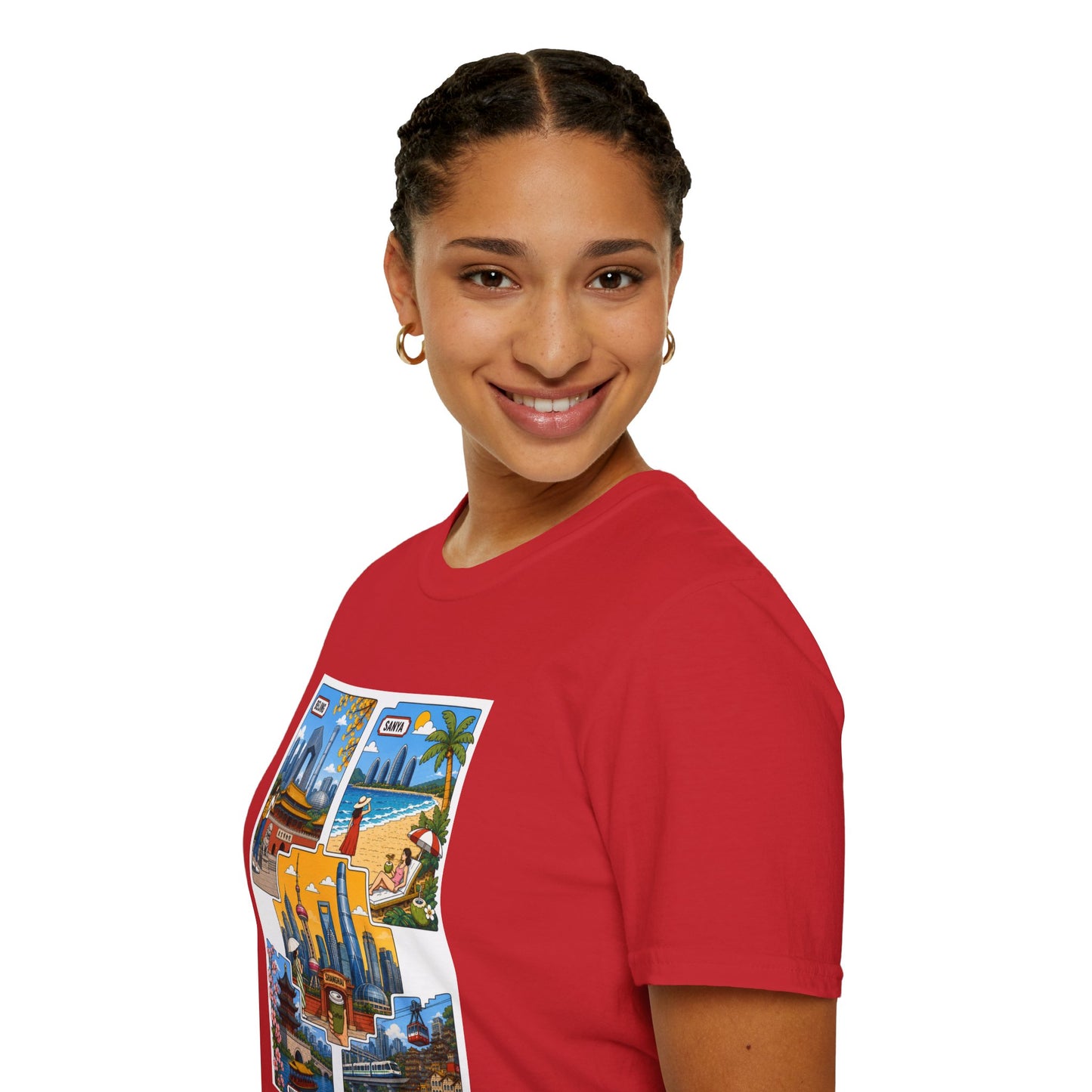 Cityscape Postcard T-Shirt — Retro Travel Collage (Beijing, Santa, Coastal Scenes)
