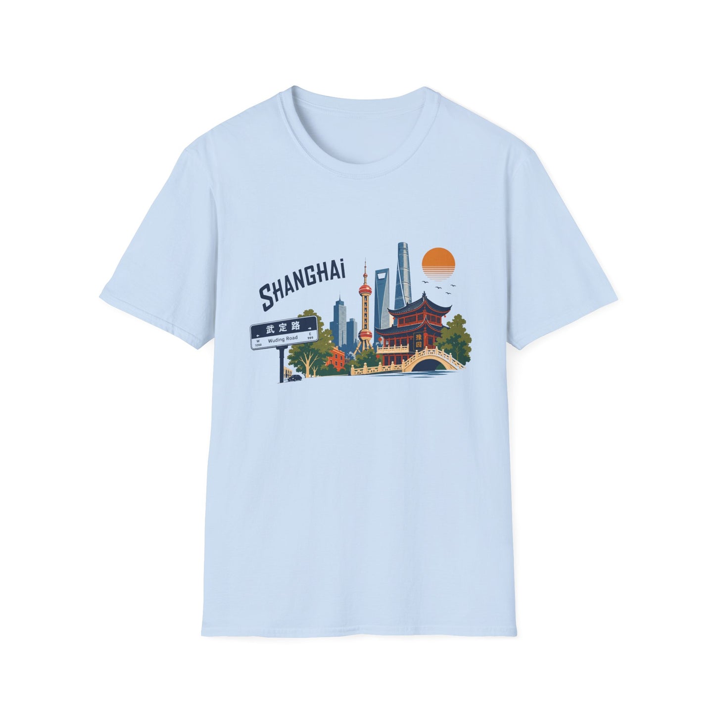 Shanghai Skyline T-Shirt — Retro Cityscape Tee with Oriental Pagoda & Street Sign