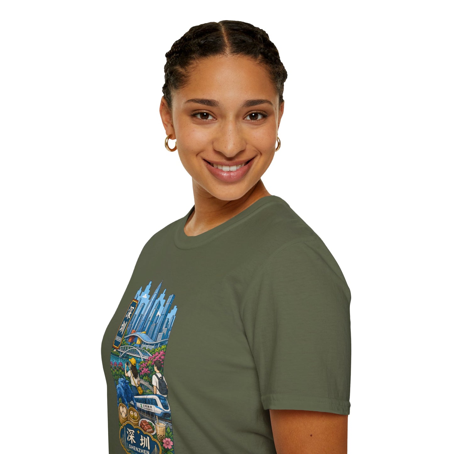 Shenzhen Skyline T-Shirt — Retro Travel City Scene with Chinese Characters