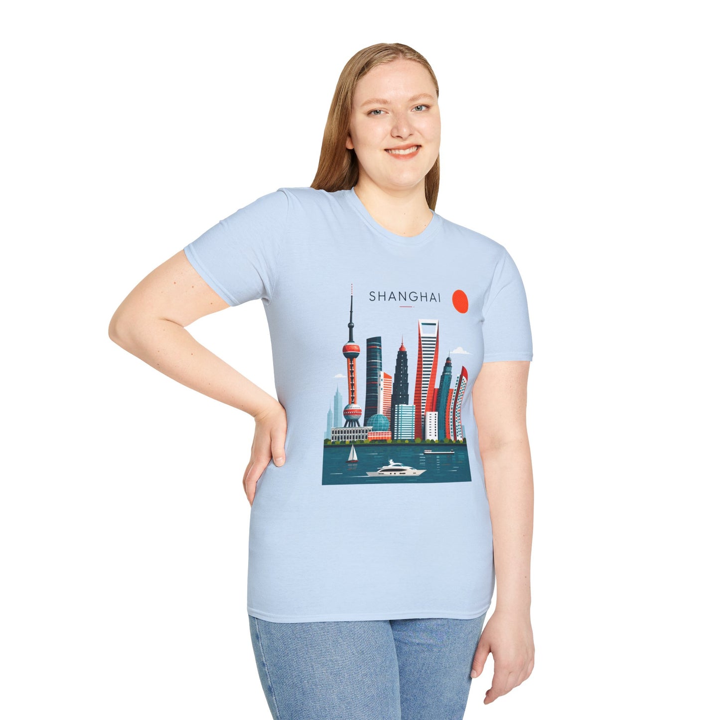 Shanghai Skyline T‑Shirt — Retro Red Sun Cityscape Tee