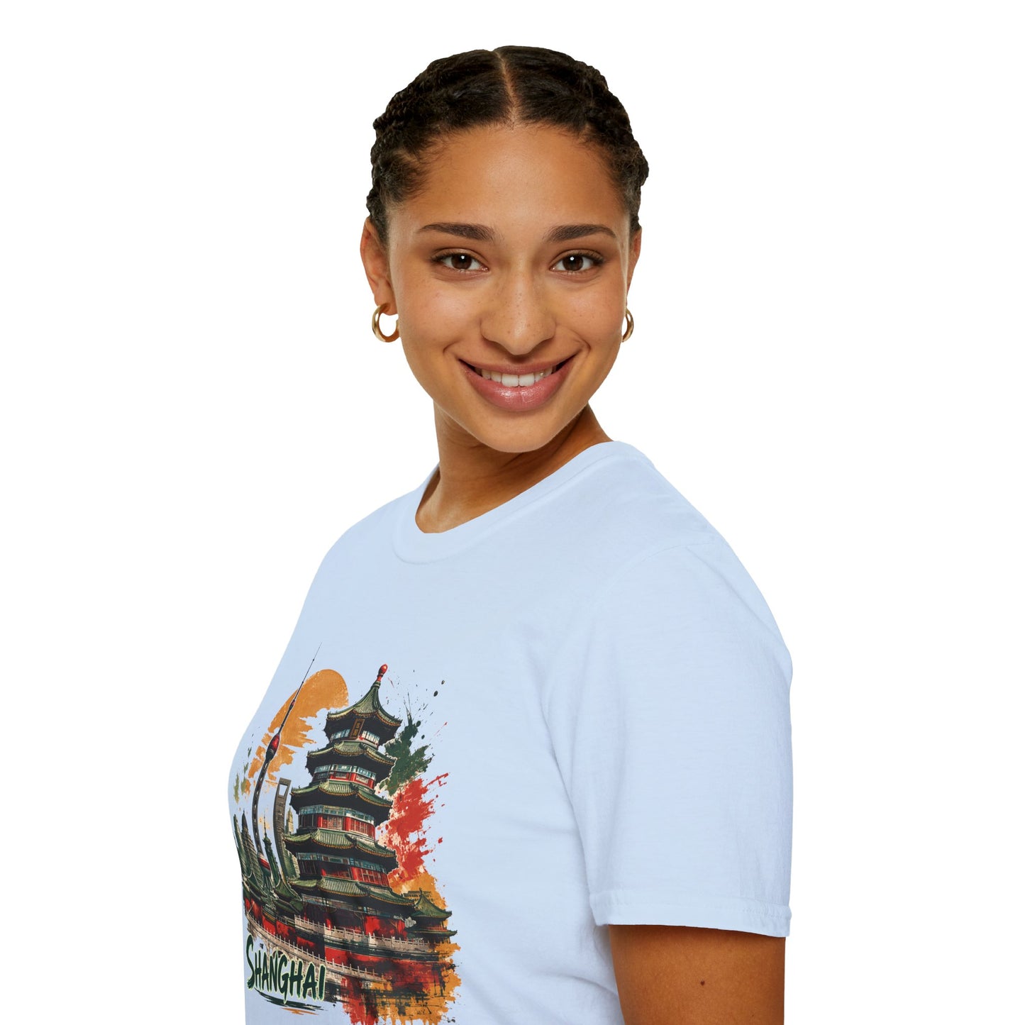 Shanghai Skyline T-Shirt — Watercolor Pagoda & Oriental Sunset Graphic