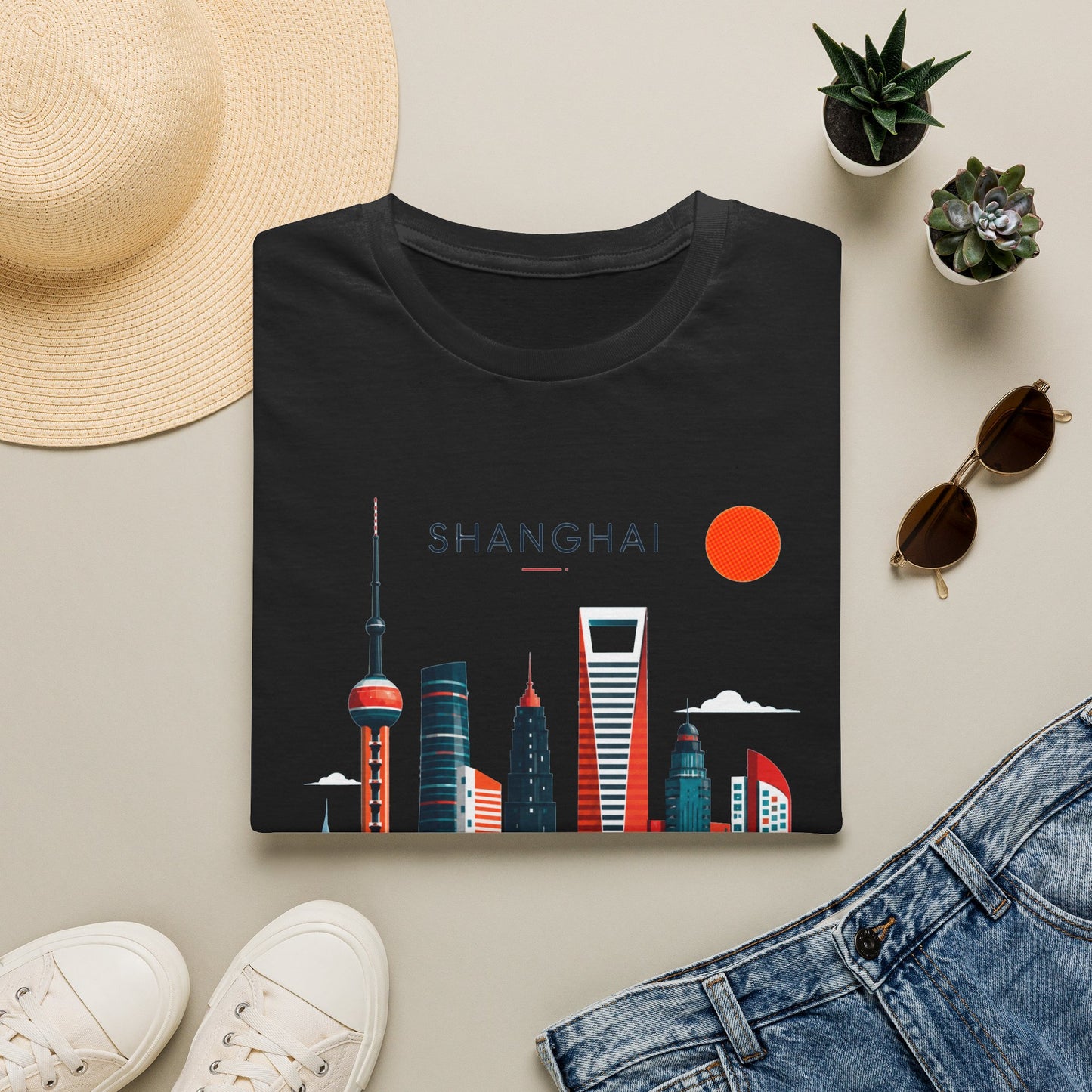 Shanghai Skyline T‑Shirt — Retro Red Sun Cityscape Tee