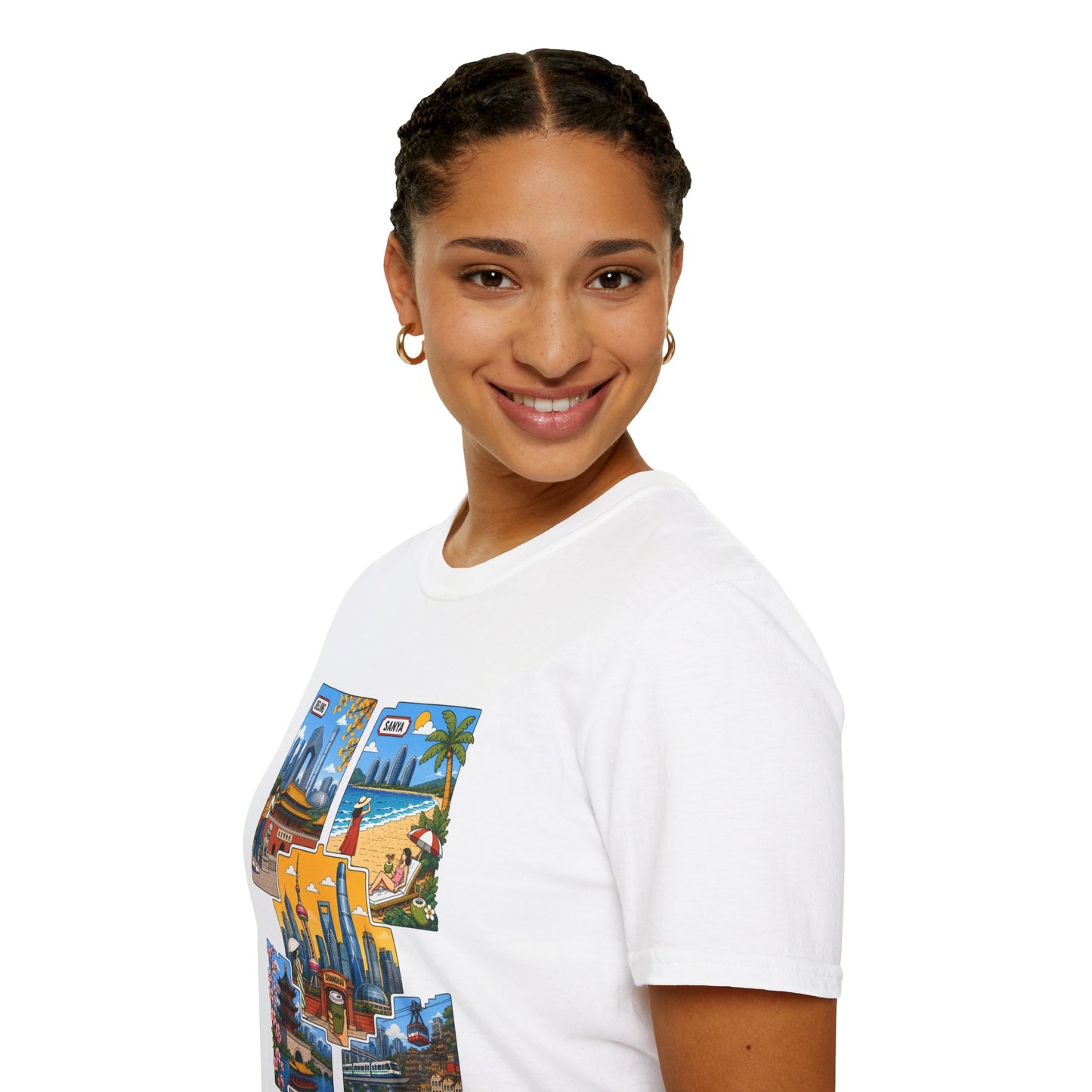 Cityscape Postcard T-Shirt — Retro Travel Collage (Beijing, Santa, Coastal Scenes)