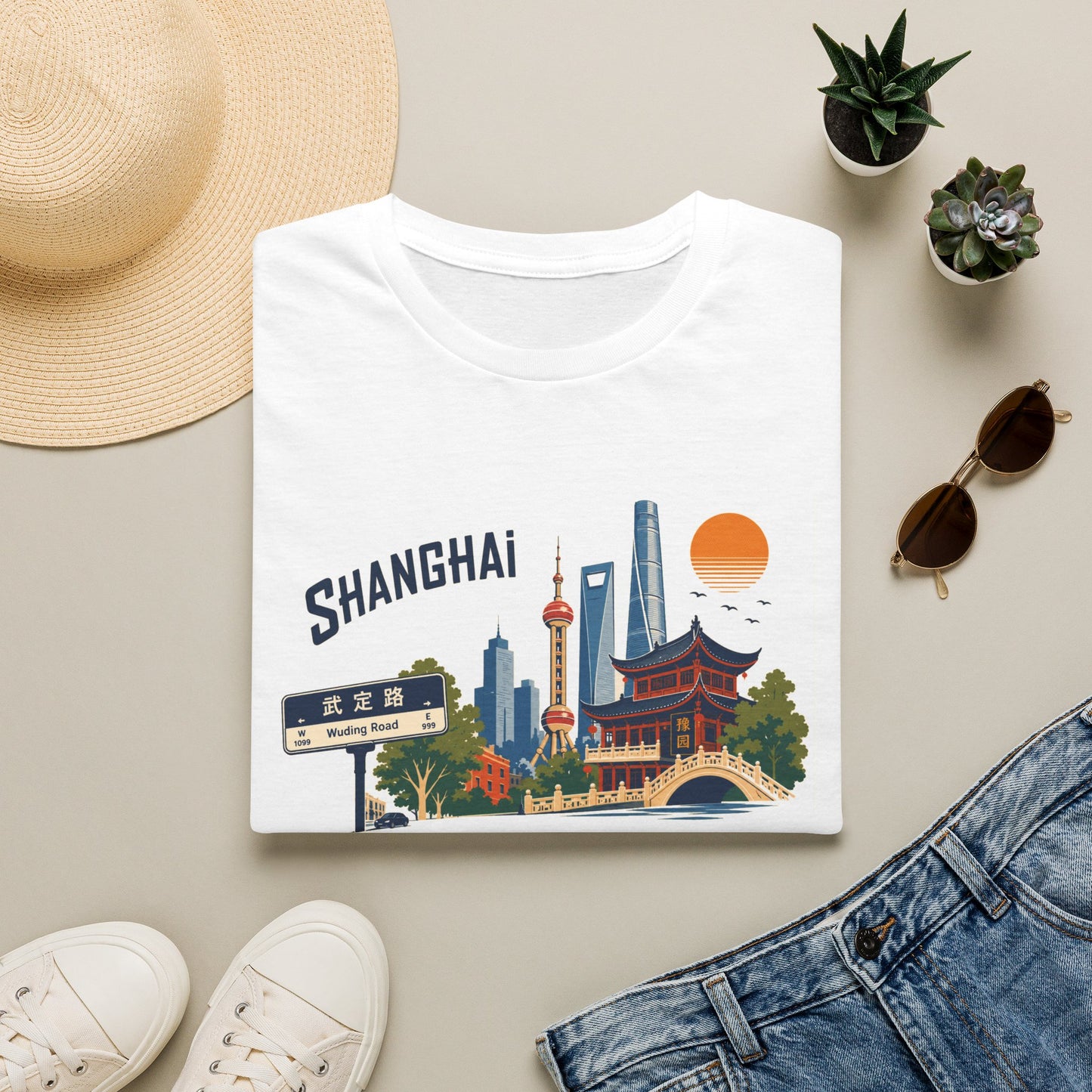 Shanghai Skyline T-Shirt — Vintage Cityscape Graphic Tee featuring Oriental Pagoda & Pudong Landmarks