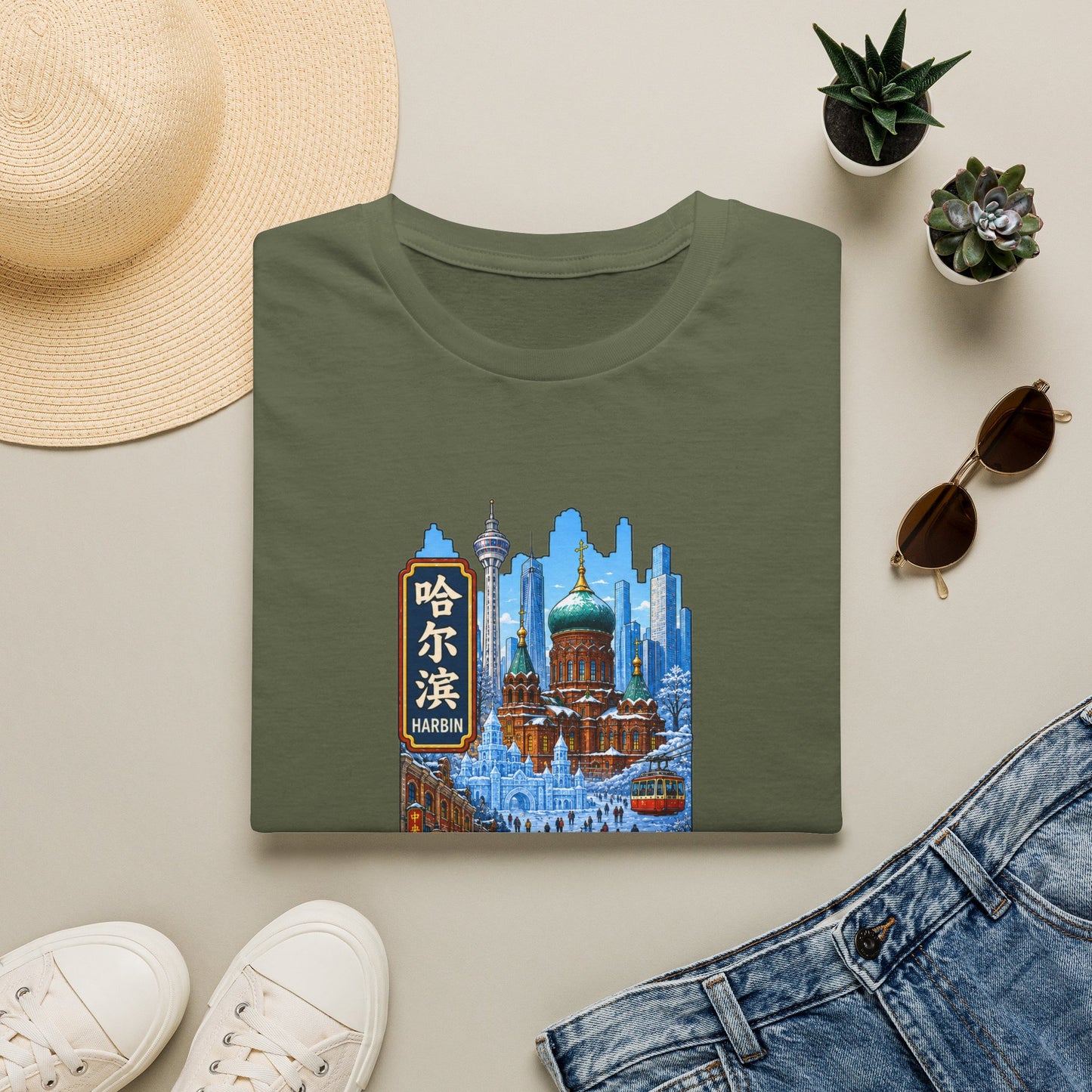 Harbin Cityscape T-Shirt — Snowy Cathedral & Skyline Travel Tee