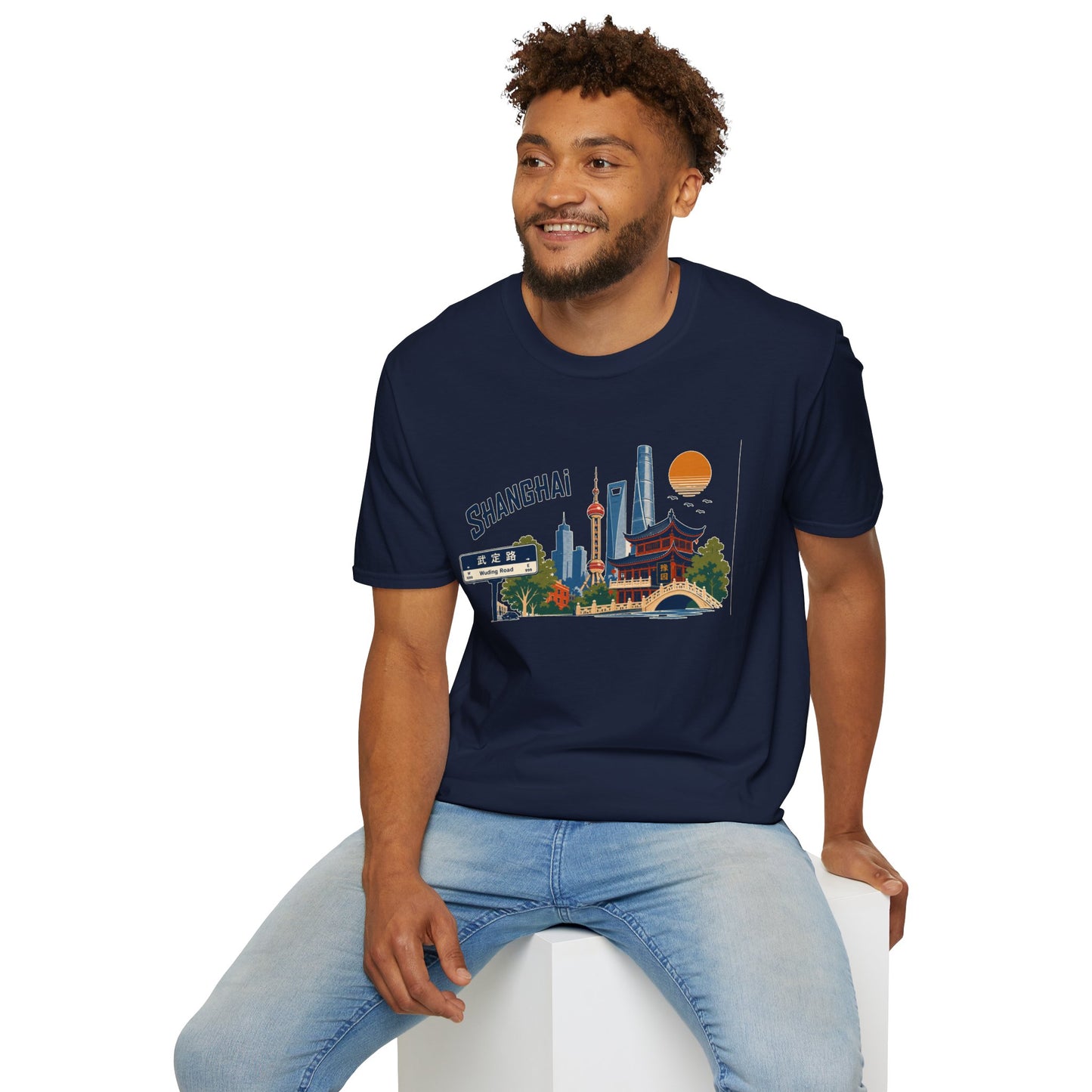 Shanghai Skyline T-Shirt — Vintage Cityscape Tee with Oriental Temple & Pudong Landmarks