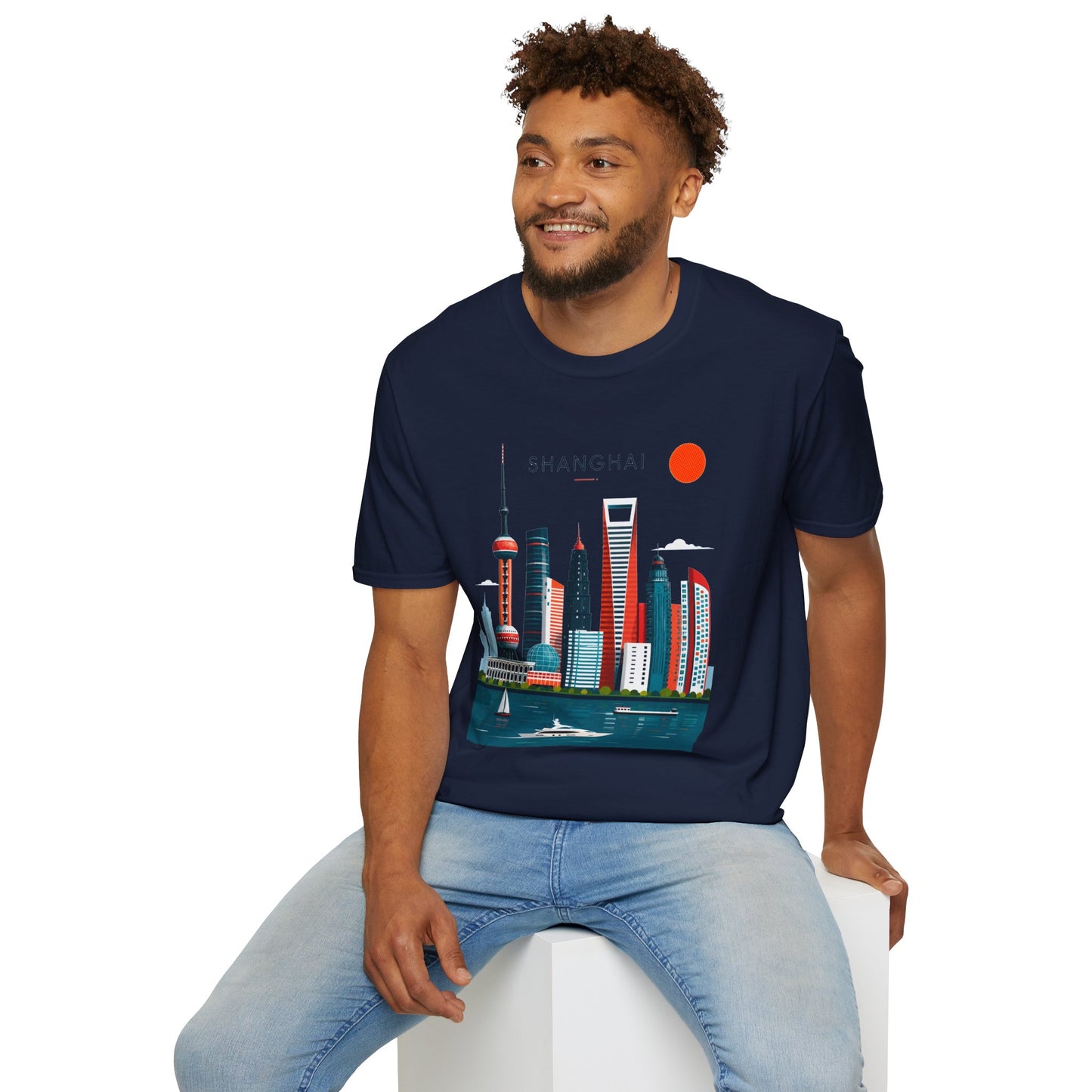 Shanghai Skyline T‑Shirt — Retro Red Sun Cityscape Tee