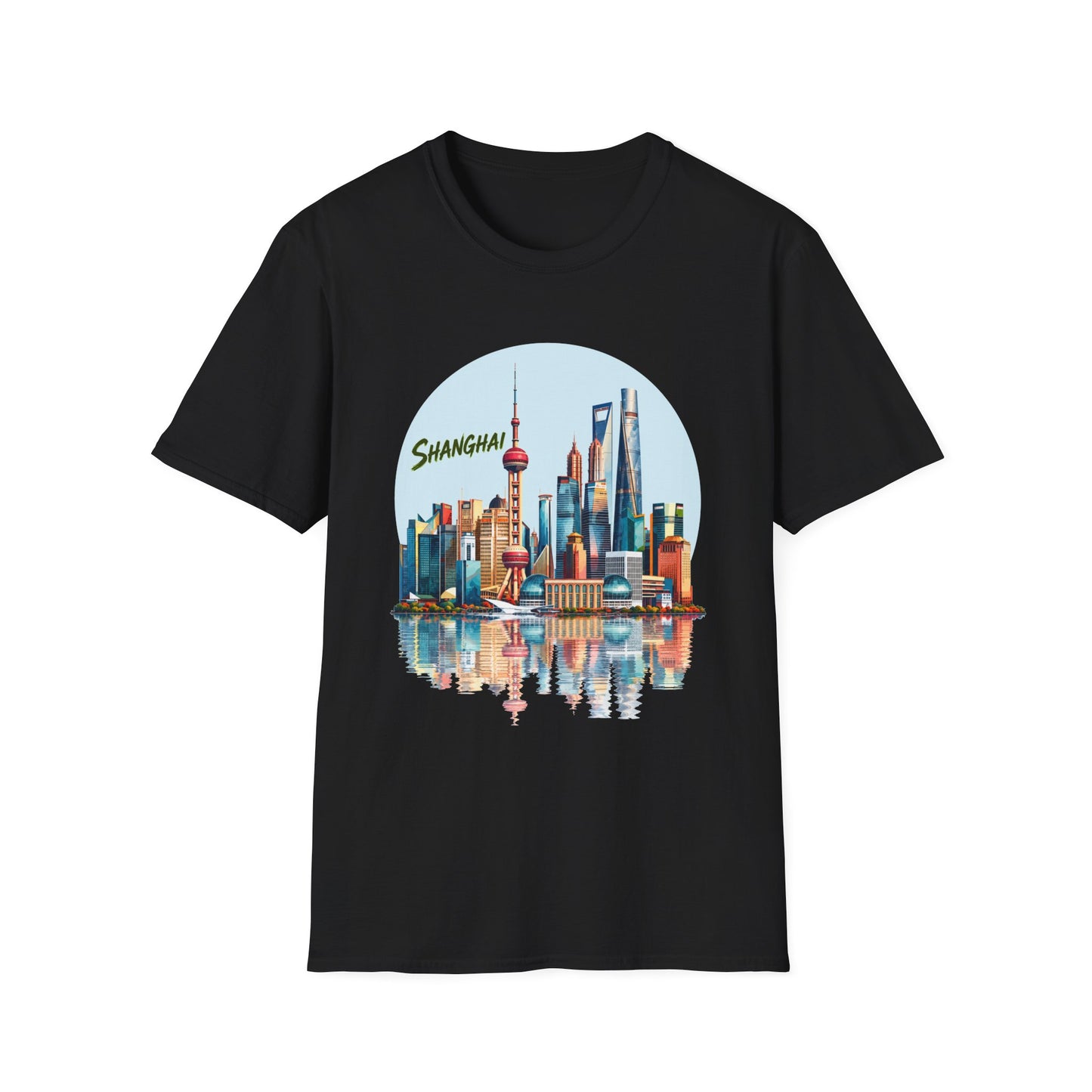 Shanghai Skyline T-Shirt — Retro Cityscape Tee with Reflection