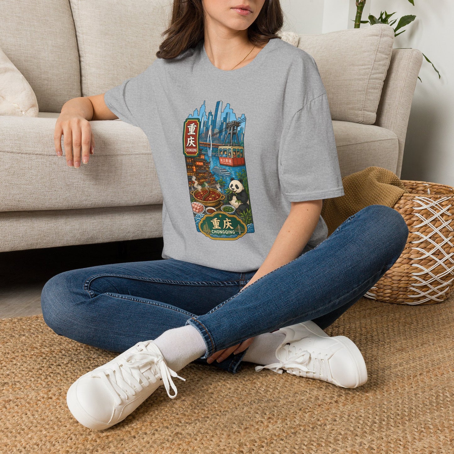 Chongqing Cityscape T-Shirt — Cable Car, Skyline & Night Market Illustration